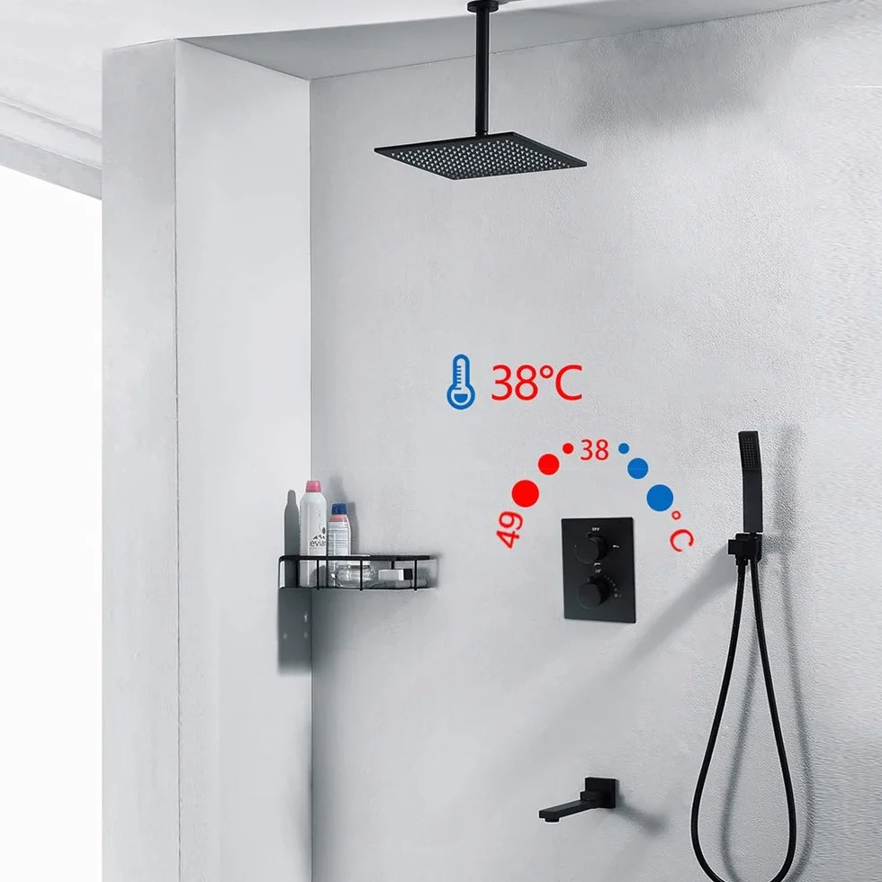 Bateria prysznicowa termostatyczna do łazienki, kwadratowa, 3-funkcyjna, montowana na ścianie, z deszczownicą, z głowicą o wysokim ciśnieniu, w kolorze czarnym