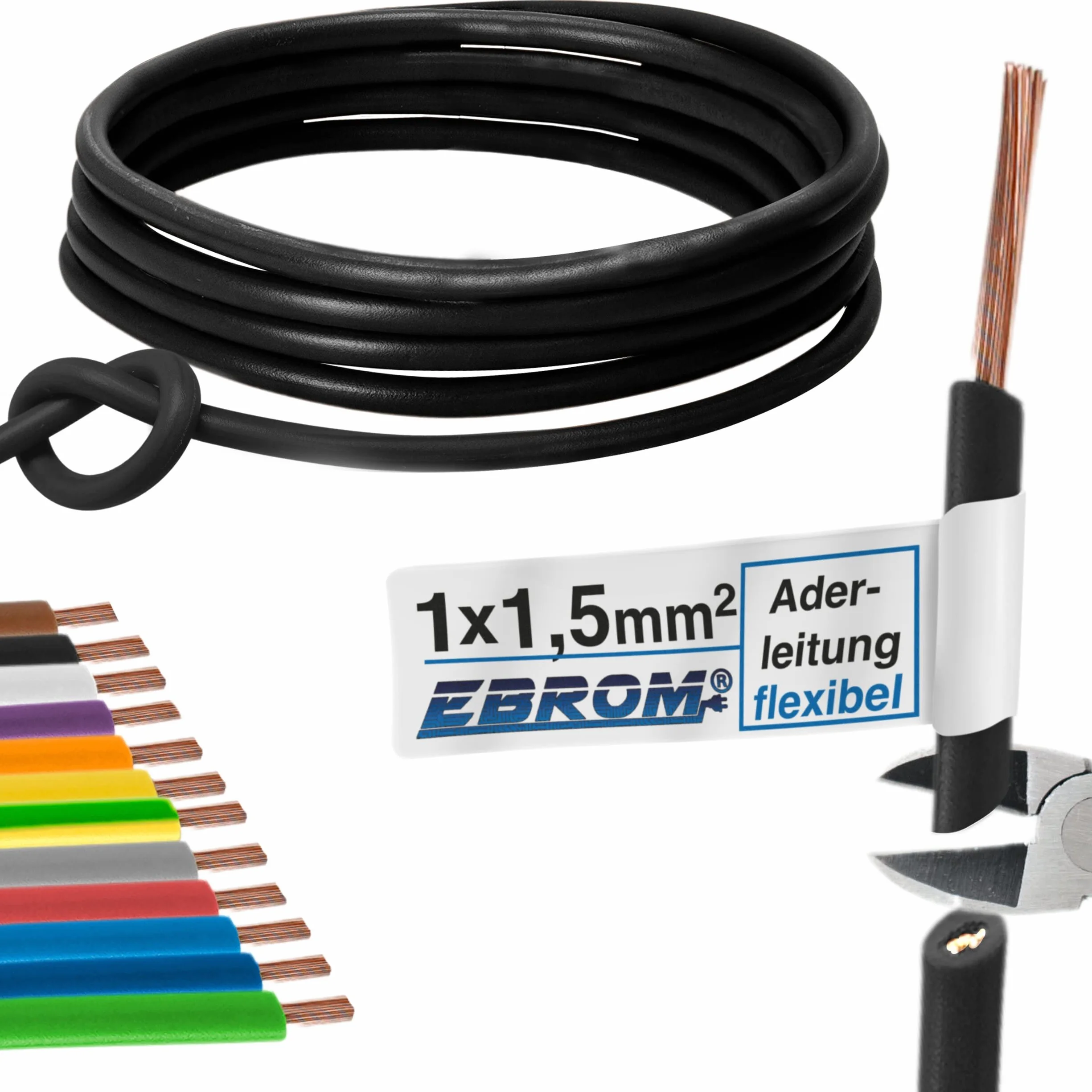 Przewód żyłowy przewód okablowania – pojedyncza żyła elastyczna 1,5 mm² – przewód PCW – H07V-K 1,5 mm² – kolor: czarny – dostępna w wielu długościach w odstępach 5 metrów, długość: 10 m