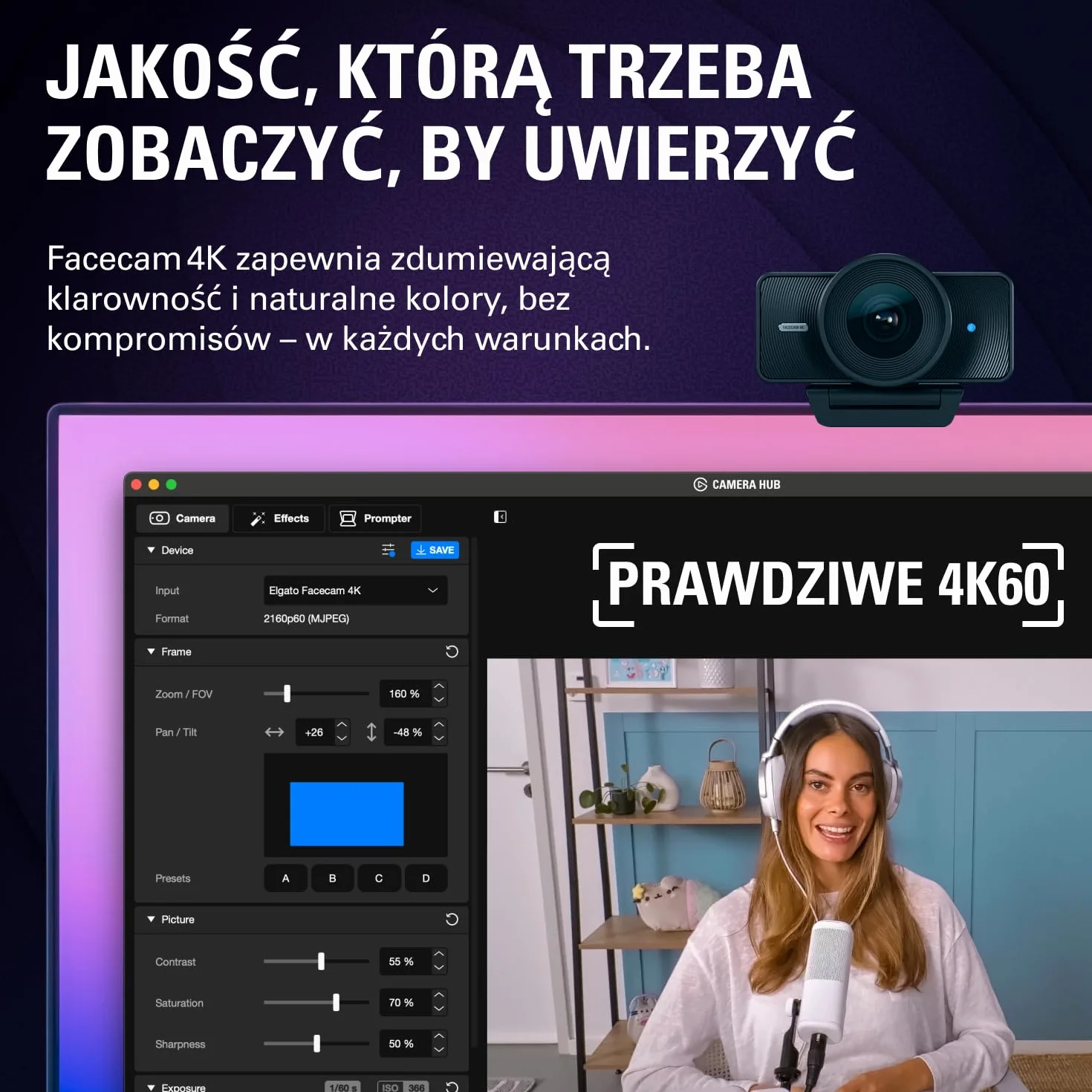 Elgato Facecam 4K - studyjna kamera internetowa 4K60, HDR, USB-C do PC i Mac