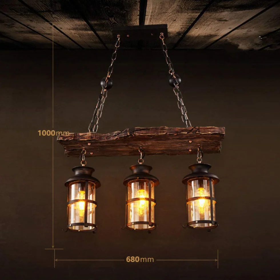 Lampa wisząca w stylu vintage, E27, industrialny żyrandol, styl vintage, drewno, lampa wisząca, czarne żelazo, szkło, abażur, lampa wisząca z regulacją wysokości, 3 płomienie oświetlenia, loft