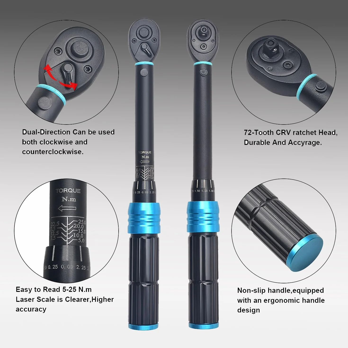 Zestaw 32 kluczy dynamometrycznych z grzechotką 1/4" z regulacją momentu obrotowego 5-25 Nm ±3%, z przedłużką 1 * 4", nasadkami 6-7-8-10-13 mm do samochodów, motocykli, ciężarówek i motocykli