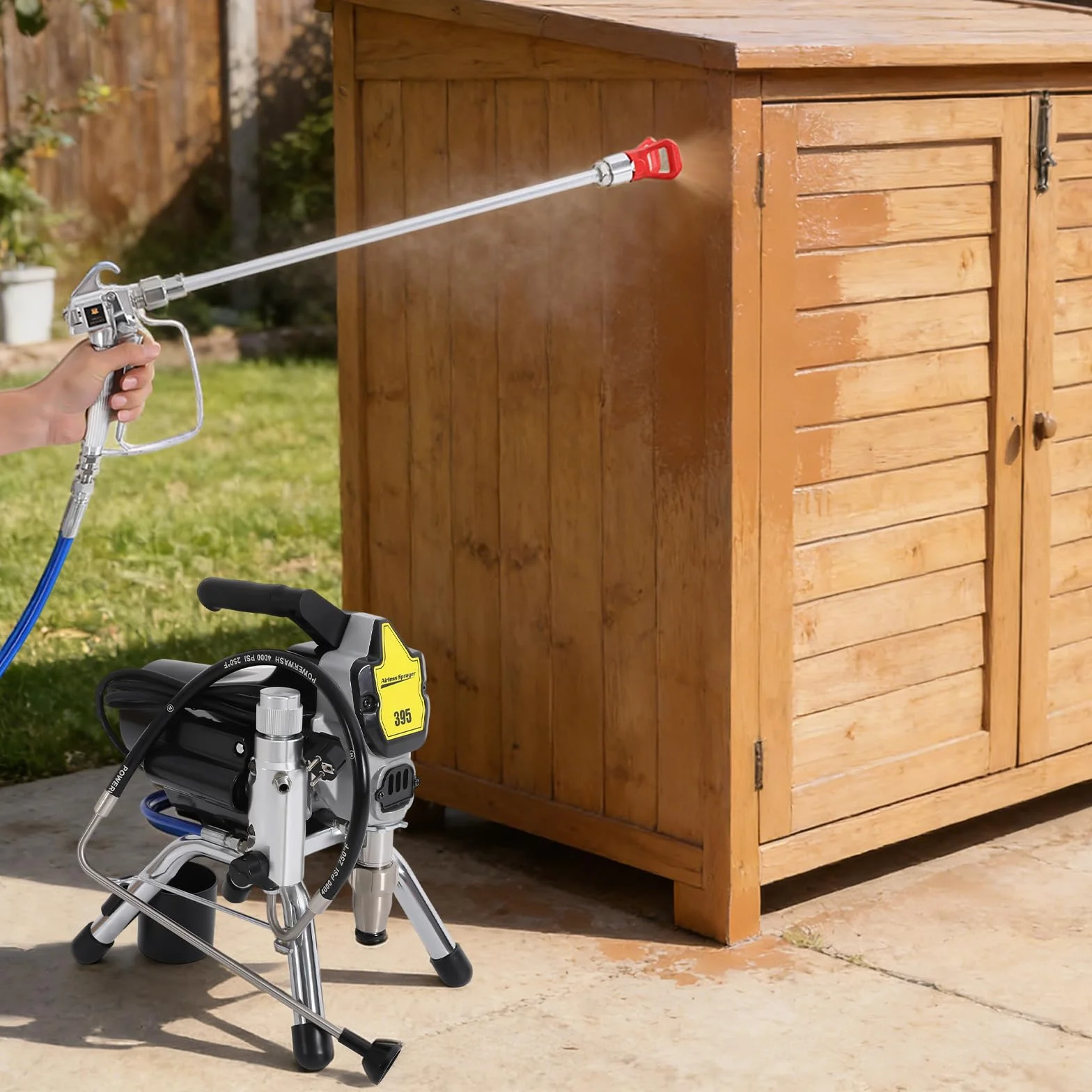 Airless wysokociśnieniowy spryskiwacz natryskowy, natryskiwacz wysokociśnieniowy, z drążkiem przedłużającym i pistoletem natryskowym, pistolet natryskowy do farb ściennych, odległość natrysku 35-50 cm