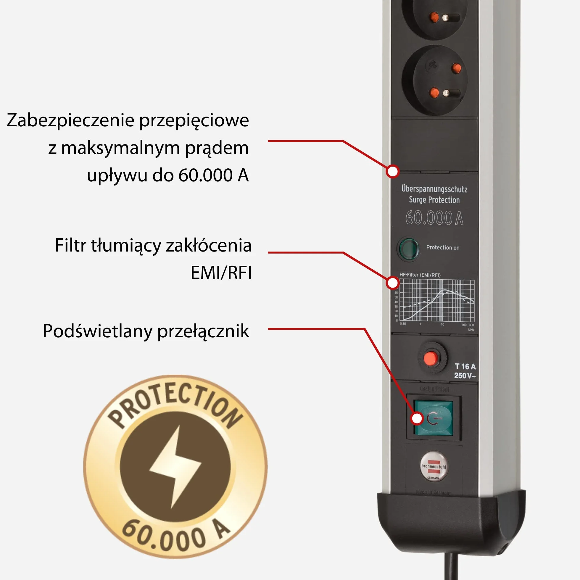Brennenstuhl Premium-Protect-Line listwa zasilająca 6-gniazda ochrona przepięciowa 60.000 A kabel 3m srebrno-czarna