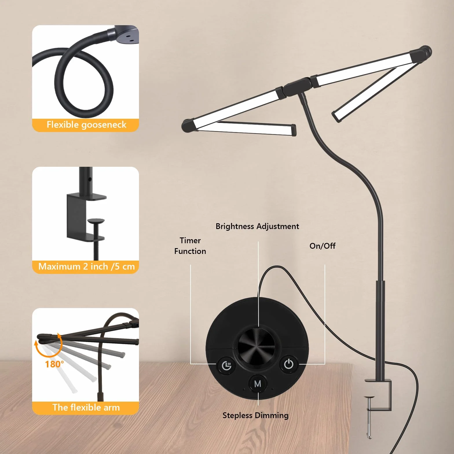 Comely Lampa biurkowa LED z możliwością ściemniania 24 W, 120 cm, 2750 lm, 4 biurka LED z 5 temperaturami światła, lampa biurkowa z 10 ustawieniami jasności, lampa biurkowa z zaciskiem, czarna