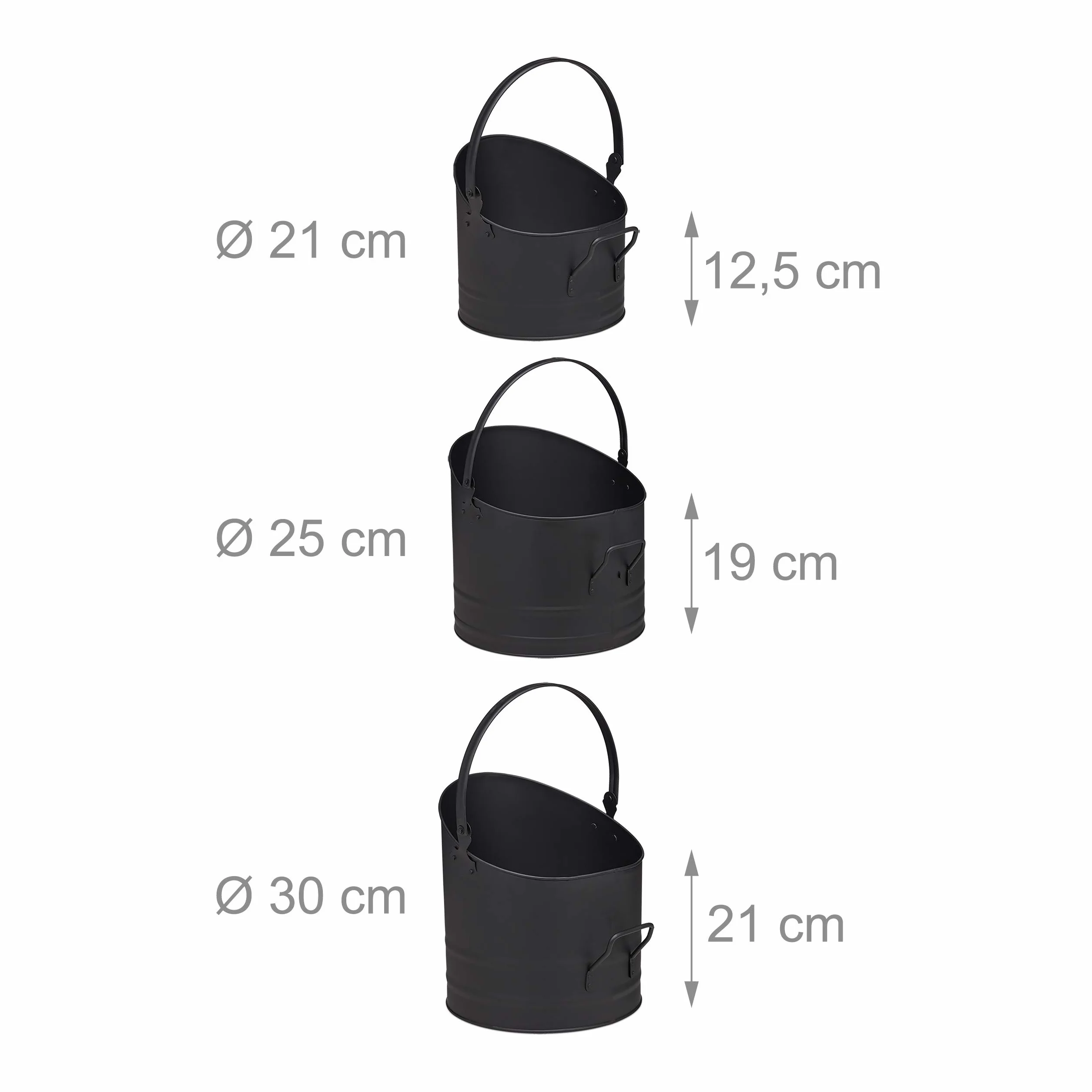 Relaxdays Zestaw 3 pojemników na pelety, ∅ 21, 25 i 30 cm, uchwyt, metalowy pojemnik, akcesoria kominkowe, czarny