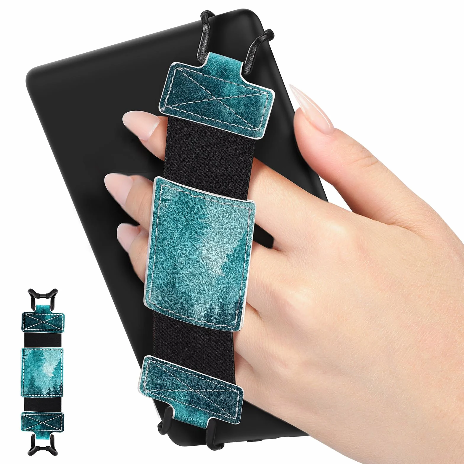 MoKo Soft Hand Strap for 6-8" Kindle eReaders Fire Tablet Kindle/Kobo/Voyaga/Lenovo/Sony Kindle E-Book Tablet, Black High-Elasticity Versatile Hand Strap Lightweight Finger Grip Holder, Green Forest