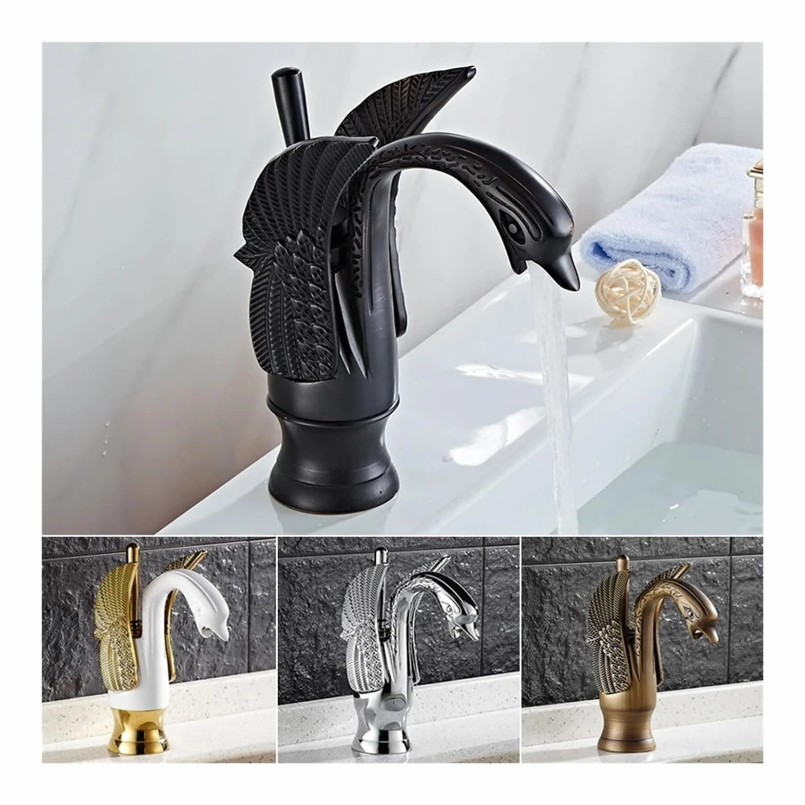 Swan Gold Bateria umywalkowa do łazienki, ciepła i zimna woda, kran Crane Black, montowany na blacie, chromowany, kran do zlewu kuchennego