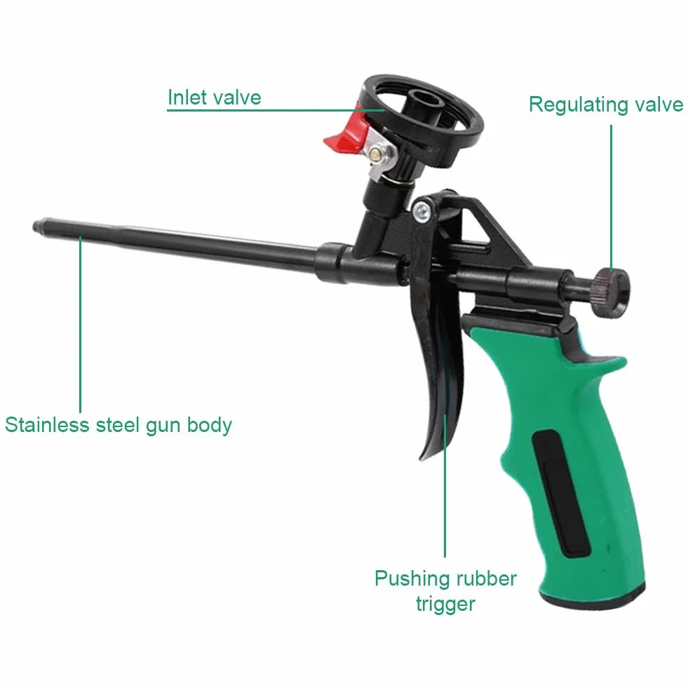 Pistolet do pianki poliuretanowej, powlekany teflonem, pistolet do pianki budowlanej, nie wymaga czyszczenia i dozującego z metalu, dla majsterkowiczów i profesjonalistów