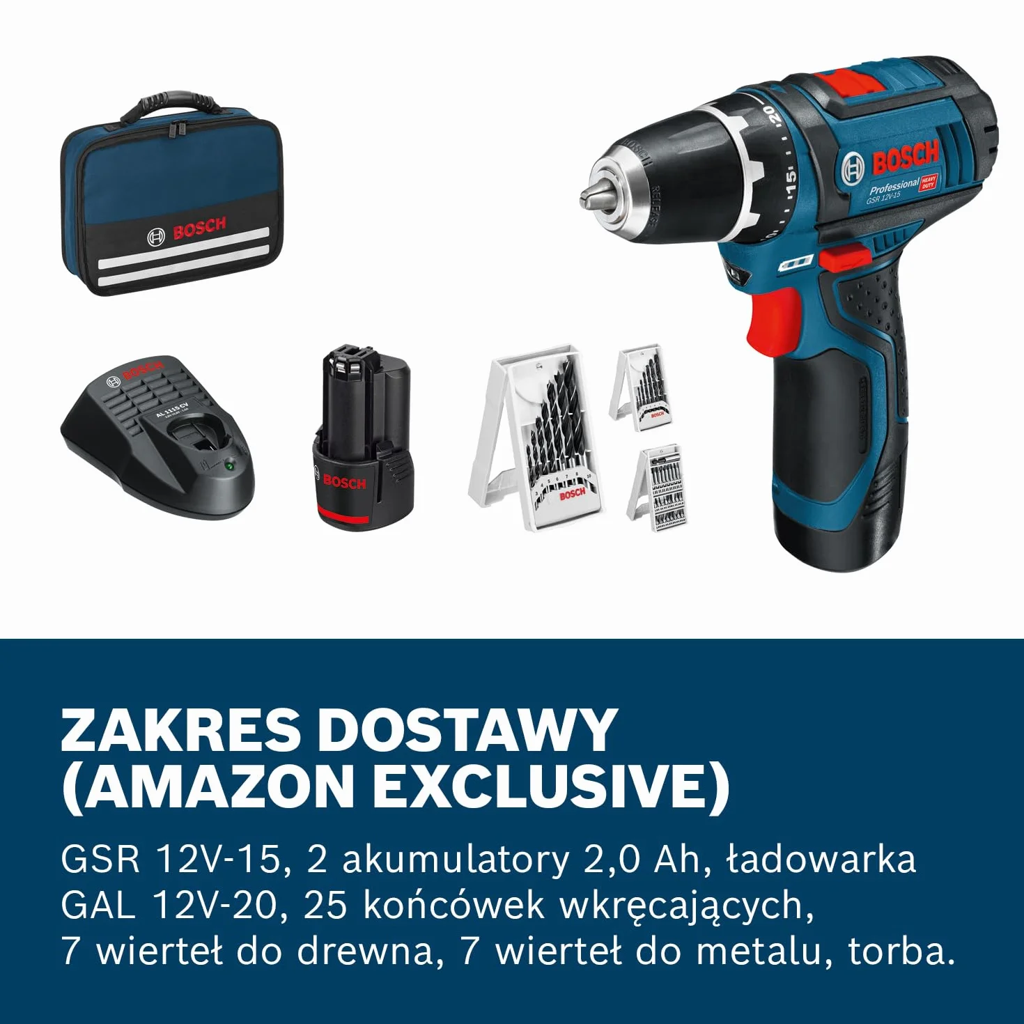 Bosch Professional System 12 V wiertarko-wkrętarka akumulatorowa GSR-12 V-15 (z zestawem 2 x akumulator 2,0 Ah, ładowarka GAL 12 V-20, zestaw bitów)