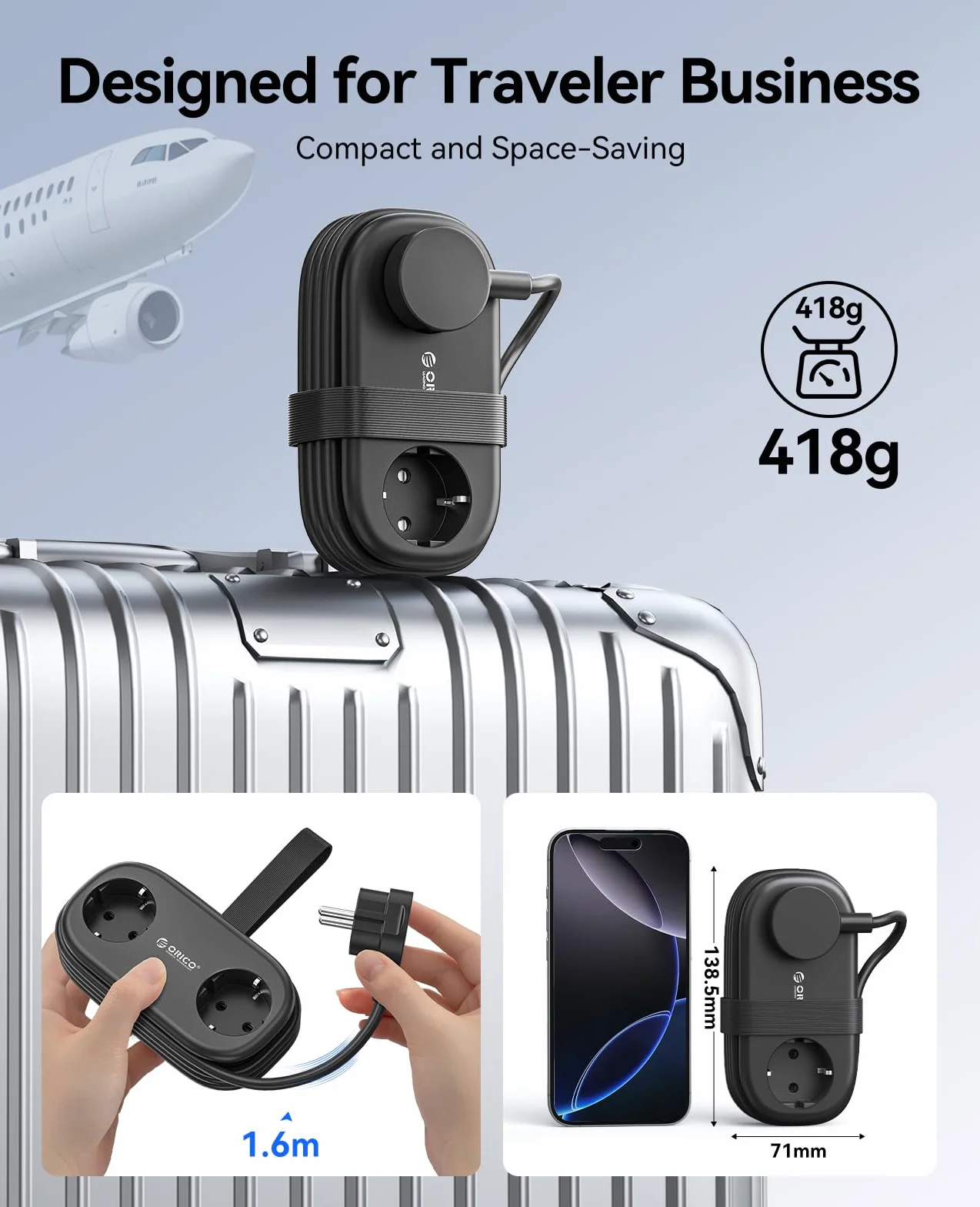 ORICO GaN listwa zasilająca 65 W z USB C, 6 w 1, listwa zasilająca do szybkiego ładowania z 4 USB, przedłużacz o długości 1,6 m, do MacBooka, iPada, telefonu komórkowego, w podróży, AP3, kolor czarny