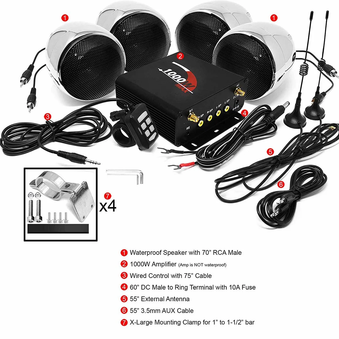 4-kanałowy wzmacniacz motocyklowy, 1000 W, 4 cale, pełny zakres, wodoodporny, Bluetooth, motocykl, głośniki stereo, system audio z AUX, USB, SD, FM, radio do kierownicy, 1–1,5 cala, Harley, Cruiser, ATV, UTV, chromowany, sieć
