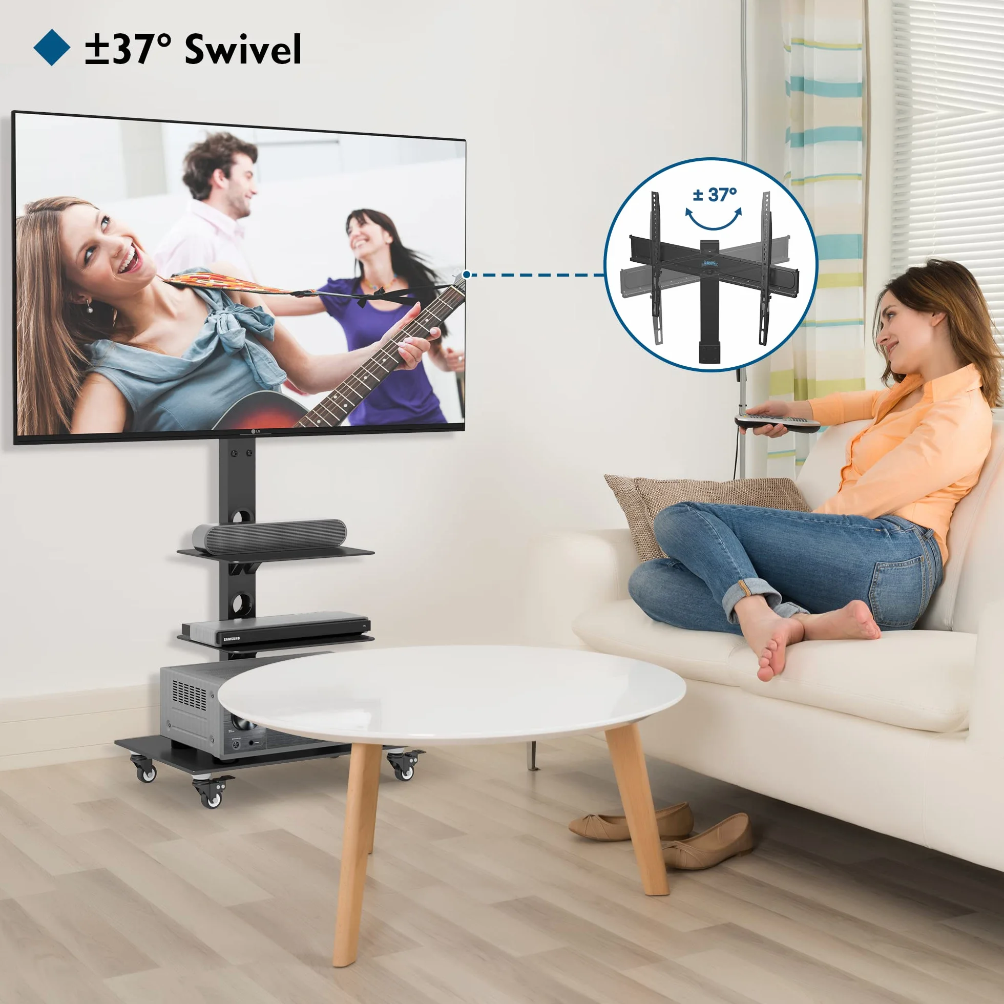 BONTEC Stojak podłogowy do telewizora 30-70 cali, uchwyt TV z kółkami, 3 półki ze szkła hartowanego, nośność 40 kg, obrotowy o ±37°, 6 poziomów regulacji wysokości, VESA 600x400