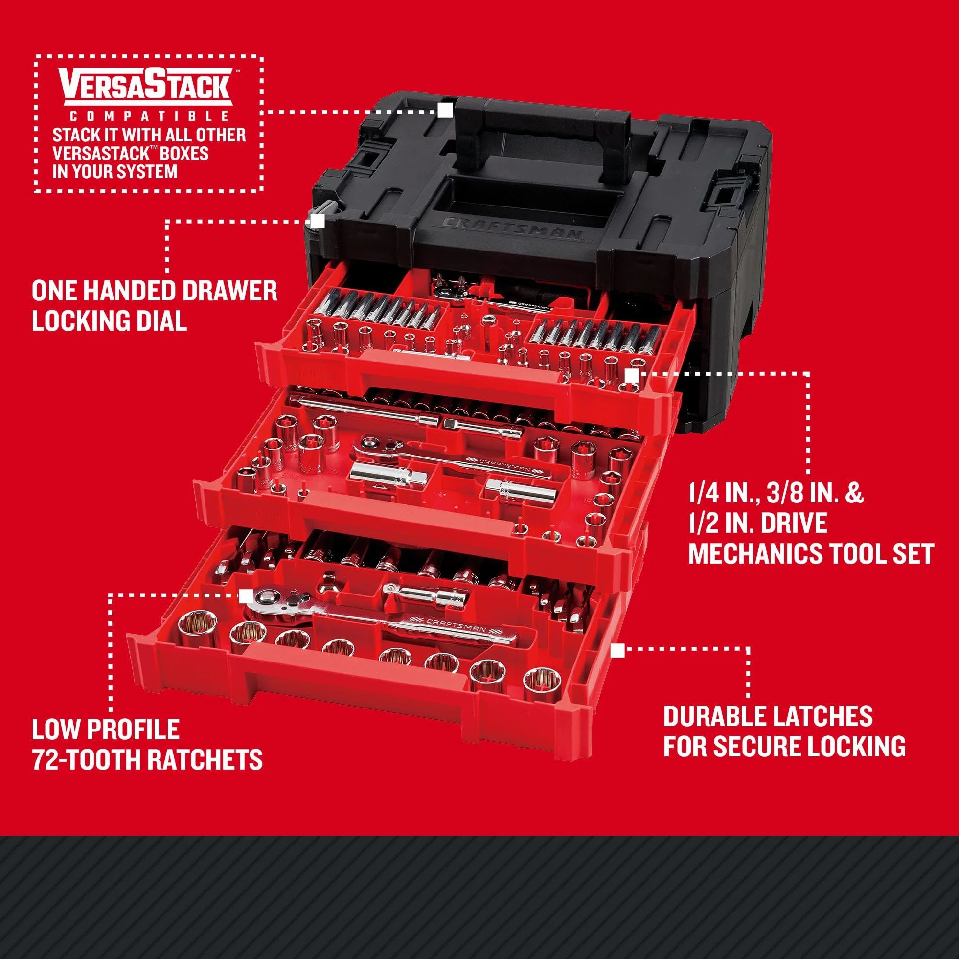 Craftsman VERSASTACK CMMT45309 zestaw narzędzi mechanicznych, 1/10.2 cm i 3/20.3 cm, trwała skrzynka narzędziowa z 3 szufladami, 262 szt