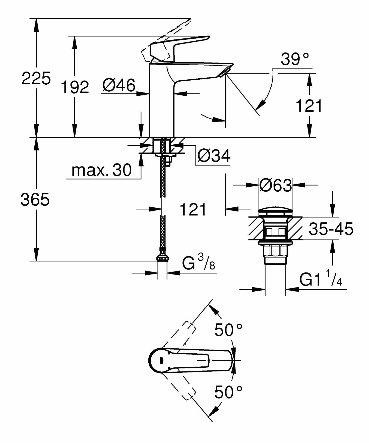 GROHE Start QuickFix 242042432 bateria umywalkowa z zestawem odpływowym (rozmiar M 192 mm, wkład ceramiczny 28 mm, oszczędność wody, ogony 3/20.3 cm, łatwy montaż za pomocą GROHE QuickTool), czarny