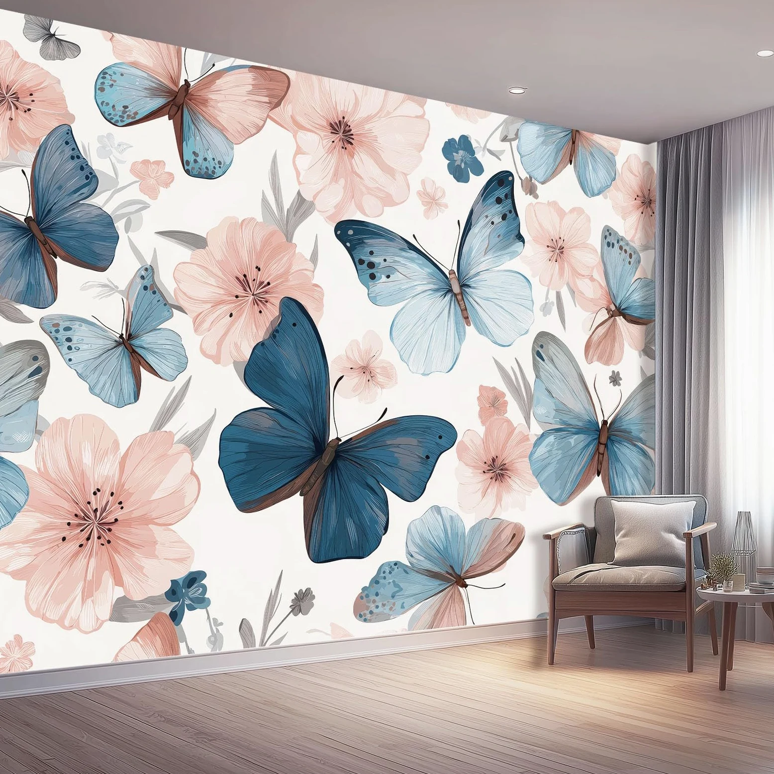 Fototapeta 400 x 280 cm ściany dekoracja salonu roślina do sypialni salonu tapeta z włókniny, akwarela kwiaty motyle