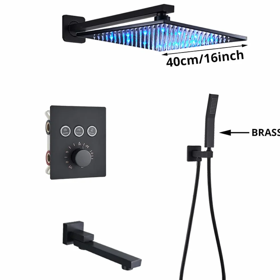 Luksusowa czarna bateria prysznicowa termostatyczna do łazienki deszczownica bateria ścienna do wanny zestaw prysznicowy ścienny B 3W 12" sufitowy,B3-way-16-calowy ścienny