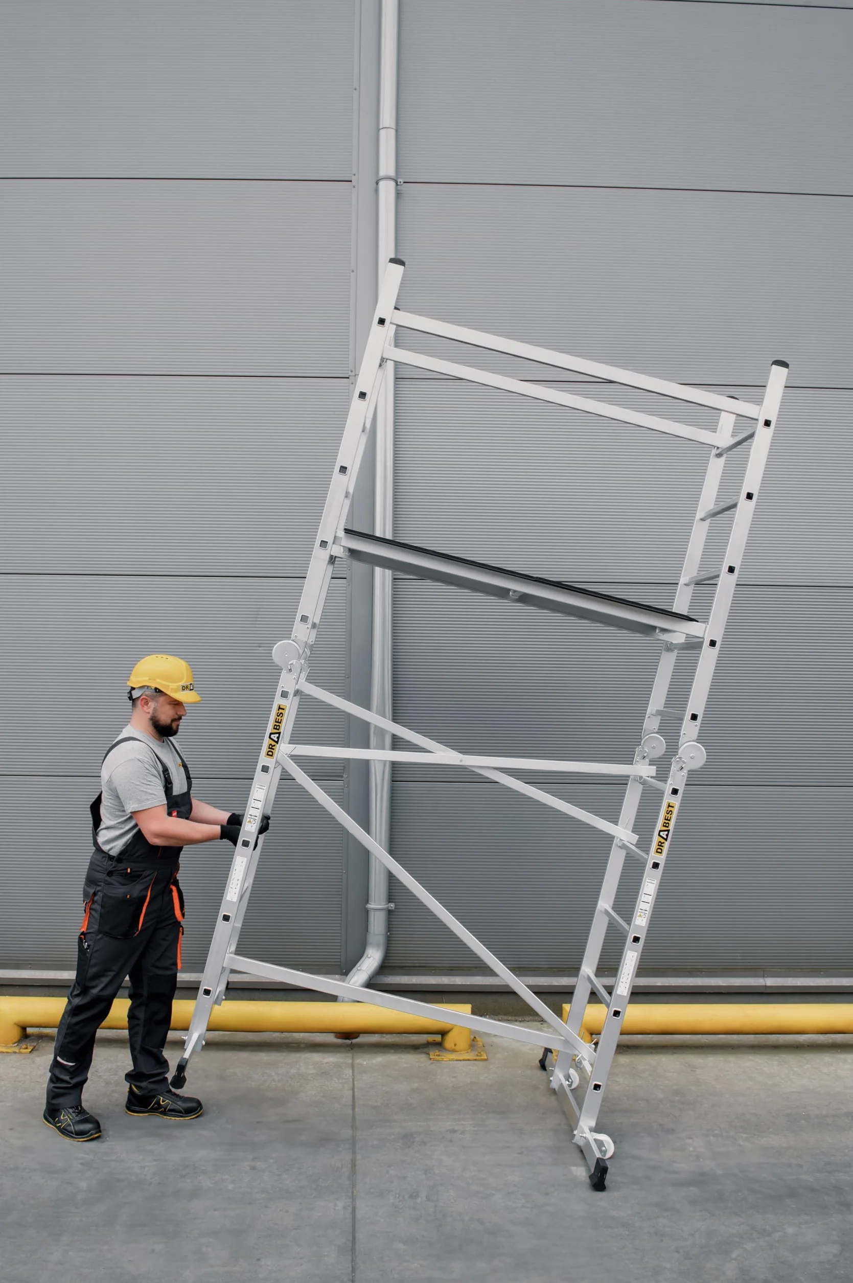 DRABEST Aluminiowe rusztowanie drabinowe Rusztowanie przegubowe Antypoślizgowe rusztowanie budowlane Rusztowanie jezdne o nośności do 150 kg – wysokość robocza 4 m