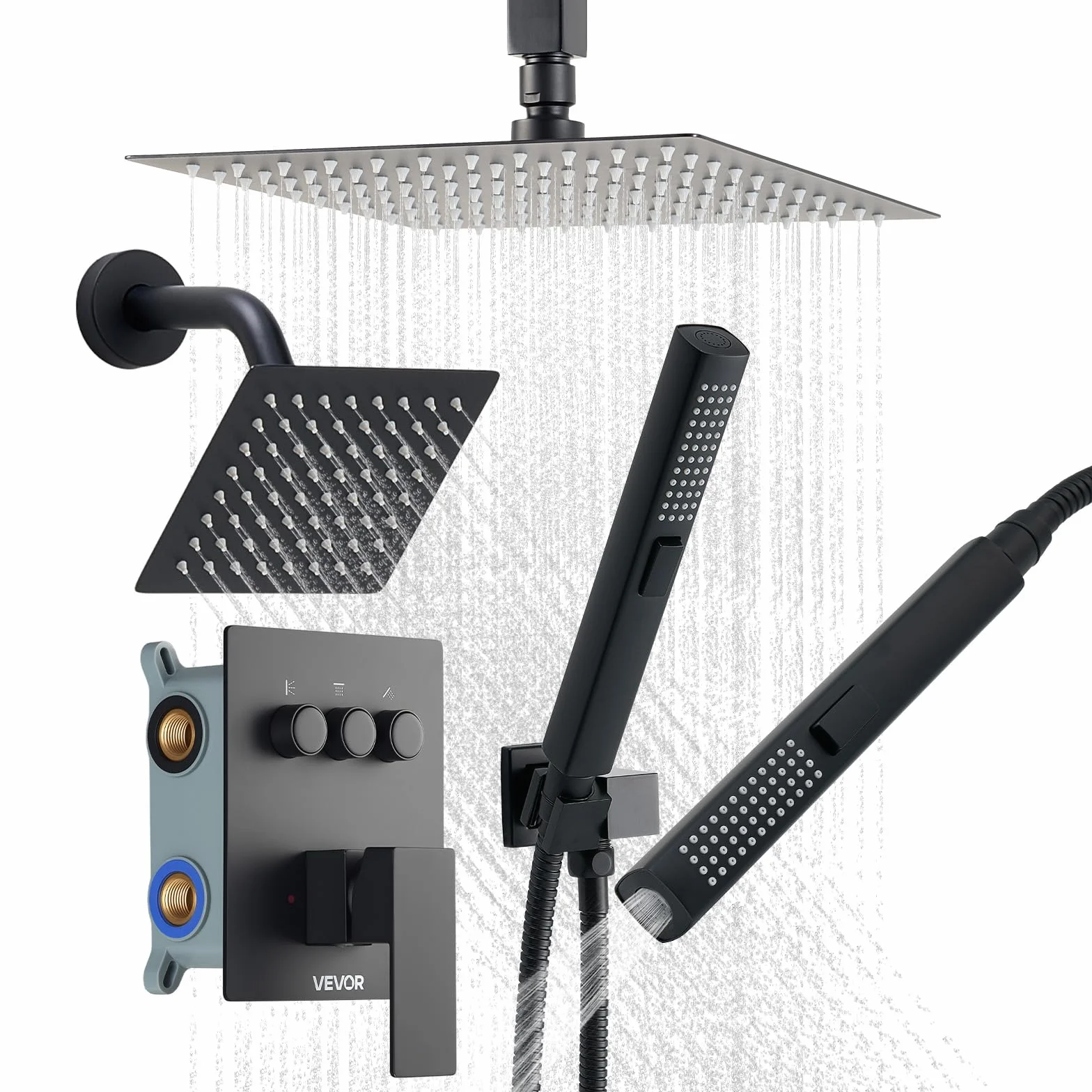 VEVOR Zestaw baterii prysznicowych, 25 cm sufitowy system prysznicowy z deszczownicą 6-calową głowicą do montażu na ścianie i ręcznym natryskiem 2 w 1, obrotowy, 3-funkcyjny, podwójny zawór deszczowy