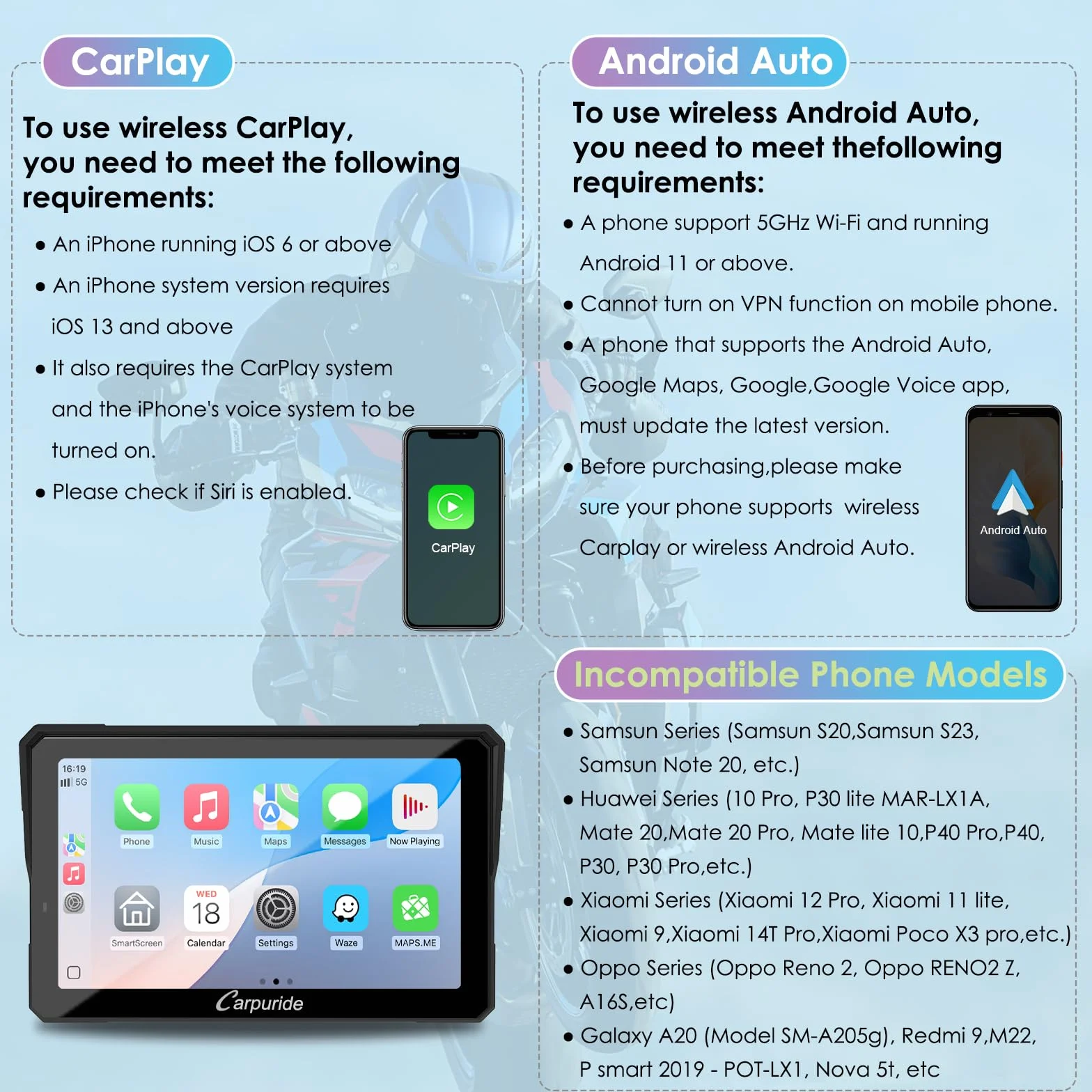 CARPURIDE W702S Pro Moto Carplay ekran 7" bezprzewodowy CarPlay Android Auto wodoodporny dotykowy podwójny Bluetooth