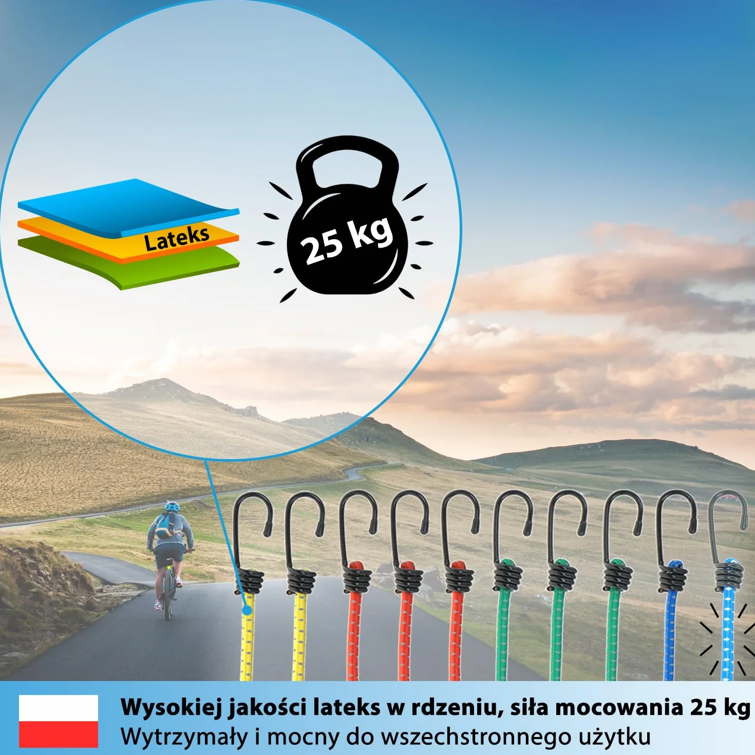 valonic KRAKEN - guma mocująca z hakami - odblaskowa, zestaw 10 sztuk, rozciągliwość 200% - ekspander, napinacz bagażowy do rowerów i bagażników, lina gumowa