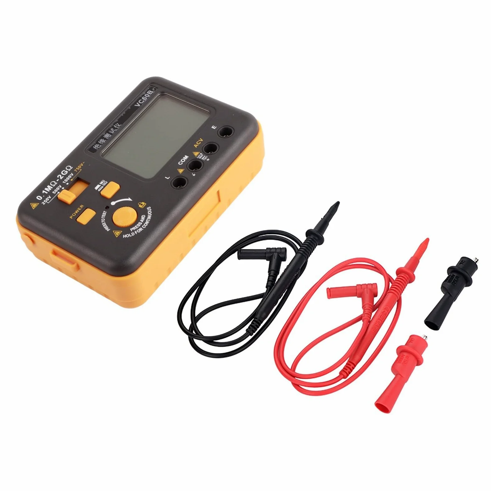 Cyfrowy miernik rezystancji izolacji VC60B, miernik wysokiego napięcia 250 V/500 V/1000 V, zakres pomiarowy 0,1 MΩ-2GΩ, wyświetlacz LCD z podświetleniem