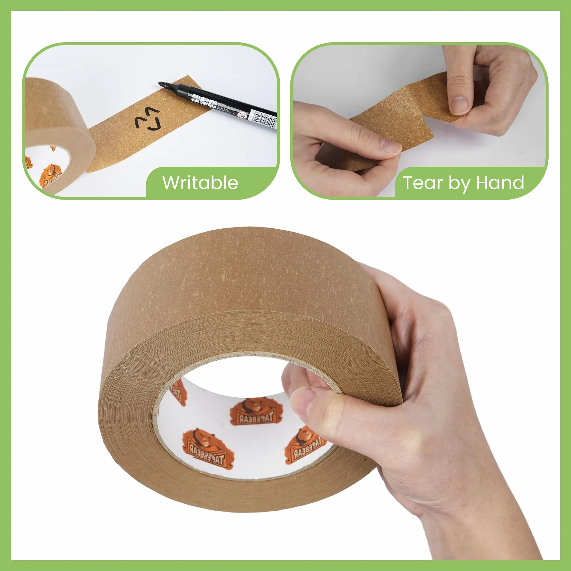 TAPEBEAR Przyjazna dla środowiska taśma klejąca z papieru typu kraft, 50 m x 50 mm, 12 rolek materiału biologicznego, brązowa, taśma do pakowania, degradacja, taśma do pakowania