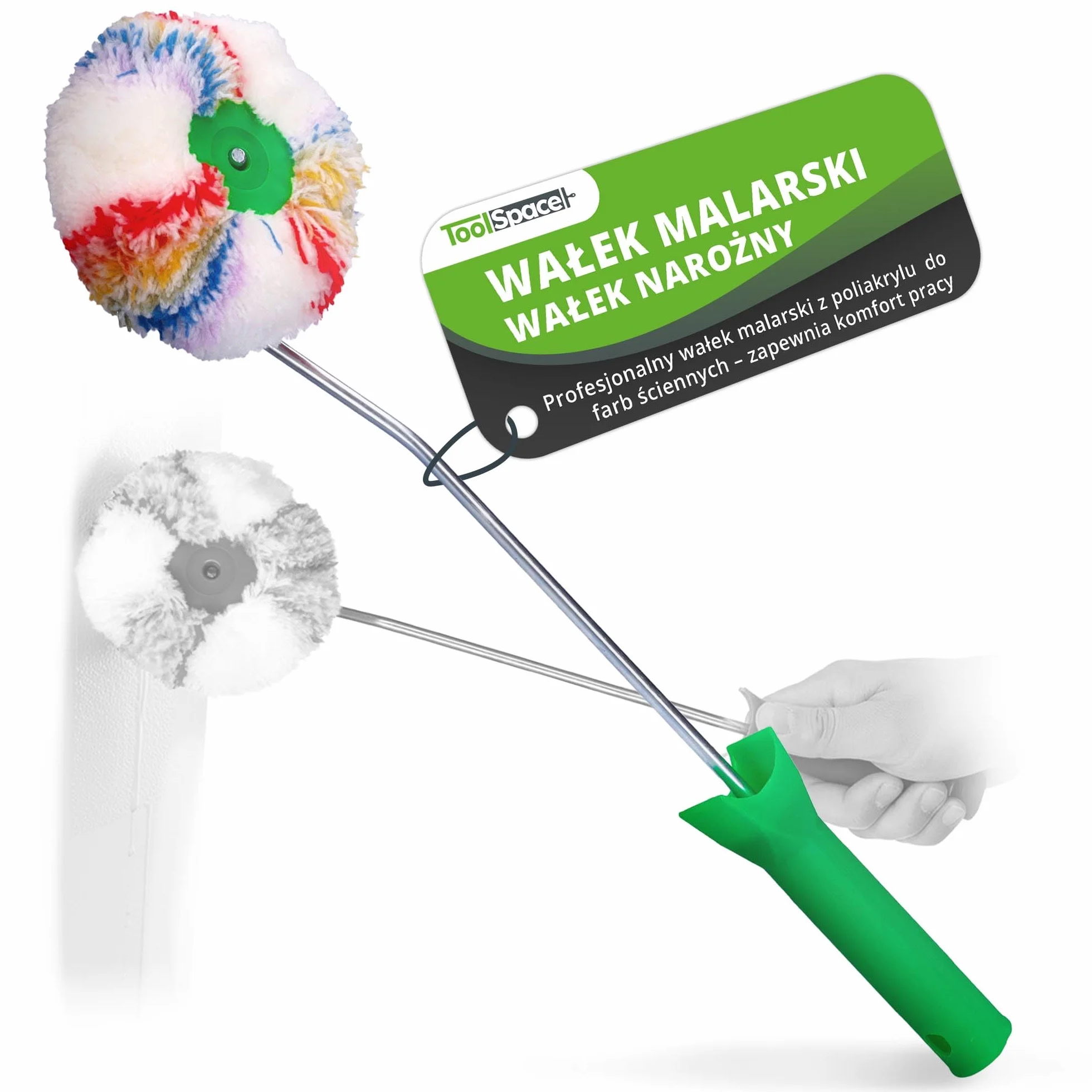 ToolSpace Wałek malarski, wałek narożny, profesjonalny wałek malarski, Ø 10,5 cm z rączką 39 cm, wałek malarski poliakrylowy, wałek narożny wewnętrzny, do farb ściennych - dla Wygodnej Pracy