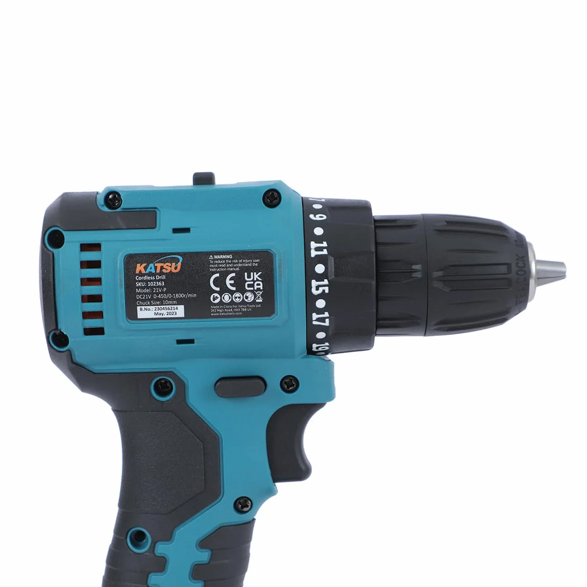 KATSU Tools KATSU FIT-BAT 21 V bezszczotkowa wiertarko-wkrętarka akumulatorowa, 10 mm uchwyt bezkluczykowy, 2 biegi biegów i światło LED, idealna do domowych zadań DIY, bez baterii i ładowarki 102363