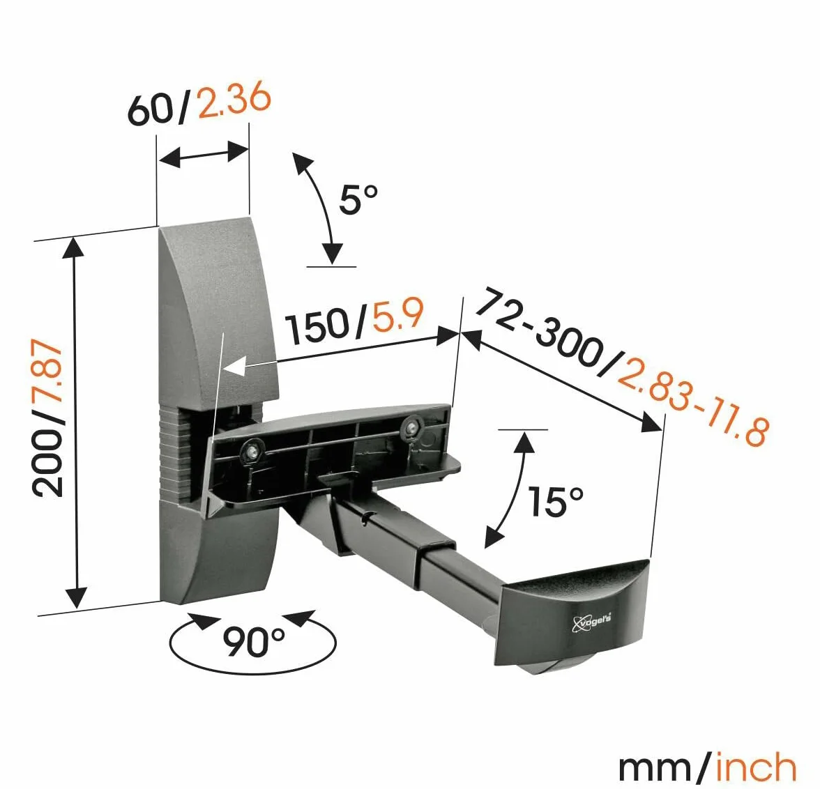 Vogel's VLB 200 Uniwersalny uchwyt ścienny do głośników obrotowy 90° odchylany 15° max 20 kg czarny