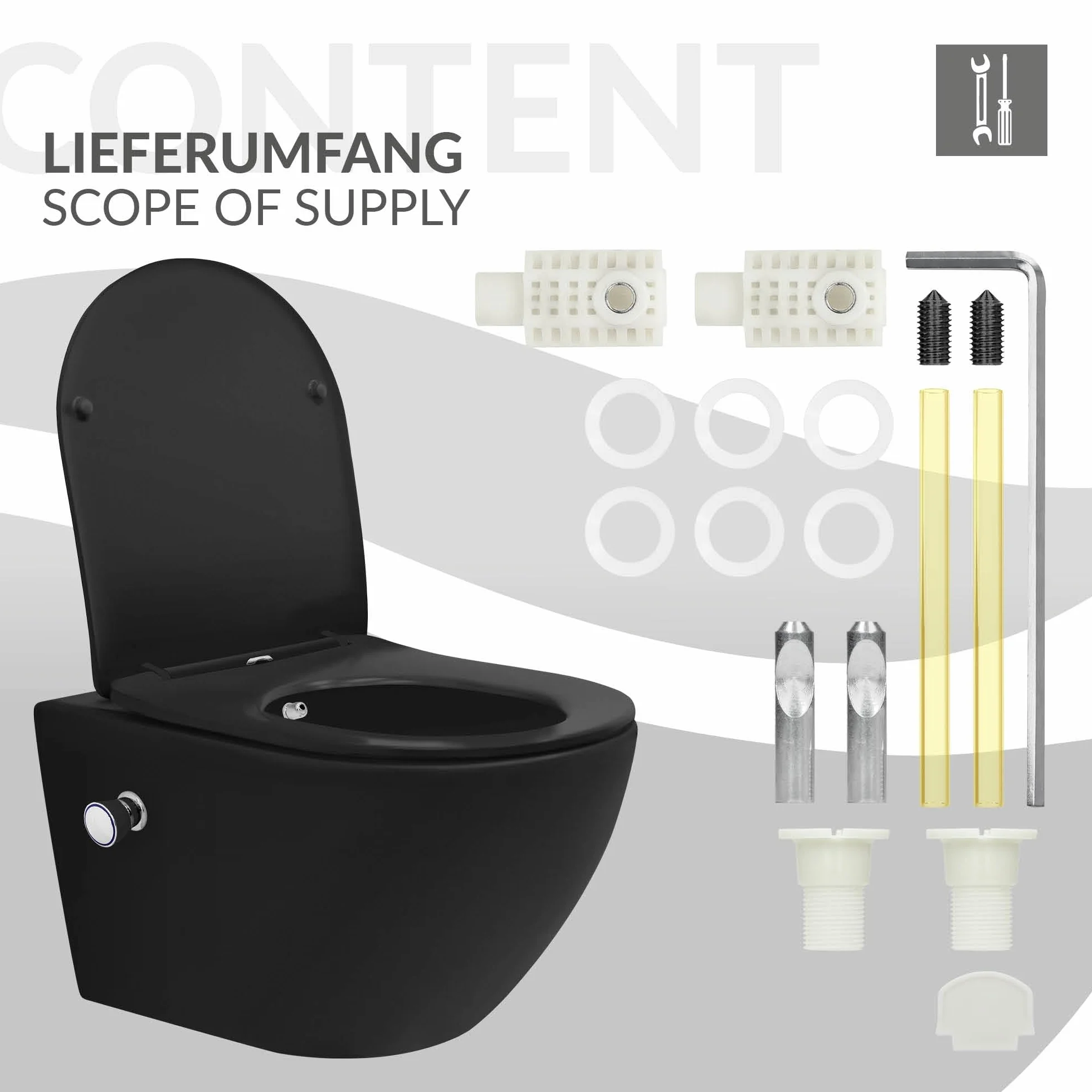 LuxeBath wiszaca muszla klozetowa bez rantu z funkcja bidetu czarna, gleboko splukiwana ceramiczna klozetowa, dluga 54 cm, natryskowa muszla klozetowa z nanopowloka, miekko zamykana deska klozetowa