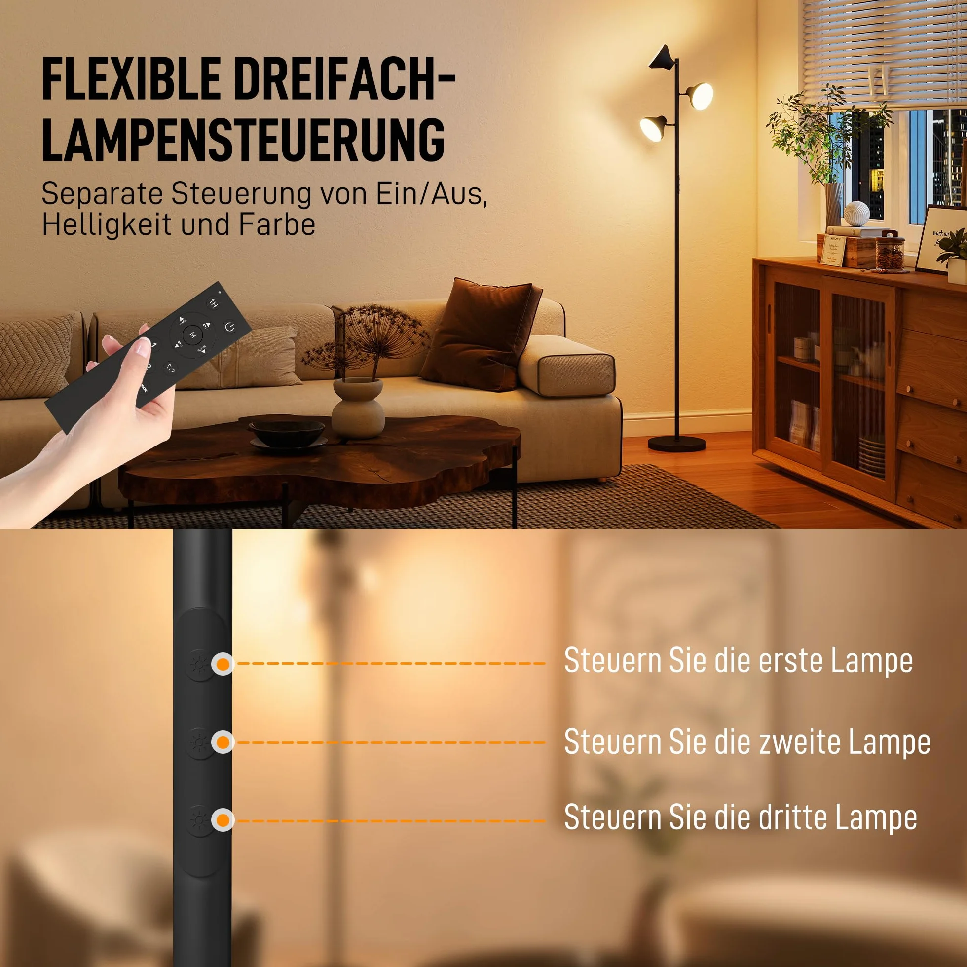 HOMCOM Lampa podłogowa z regulacją jasności i lampą do czytania, zmiana kolorów RGB, sterowanie dotykowe i pilotem, 3 obrotowe głowice, 4150lm, 2700K–6000K, do salonu i sypialni