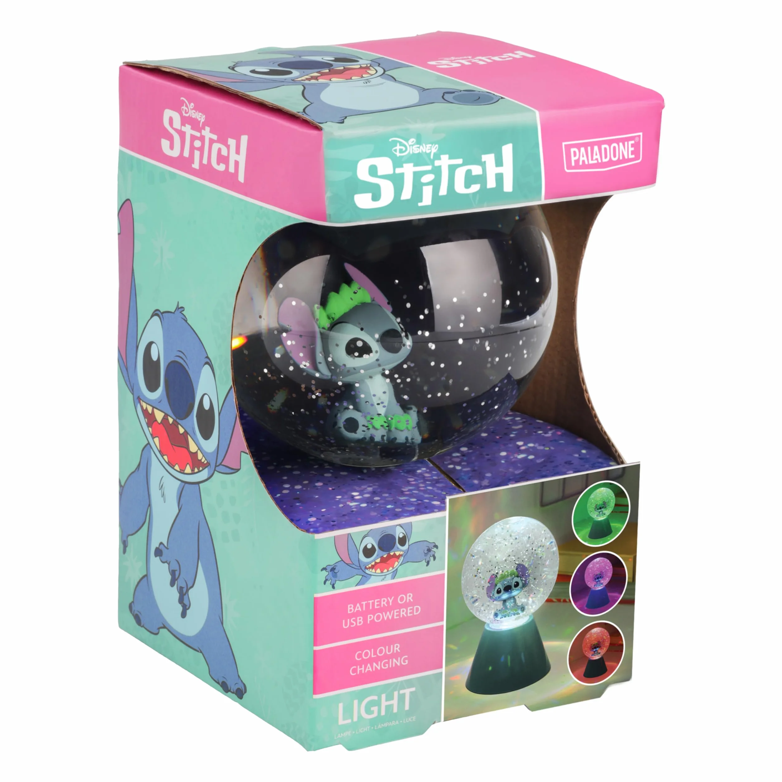 Paladone Disney Lilo & Stitch Brokatowa kula LED, oficjalnie licencjonowany prezent, zmieniająca kolor, świecąca kula śnieżna dla dzieci, nastolatków, dorosłych, kompaktowa konstrukcja