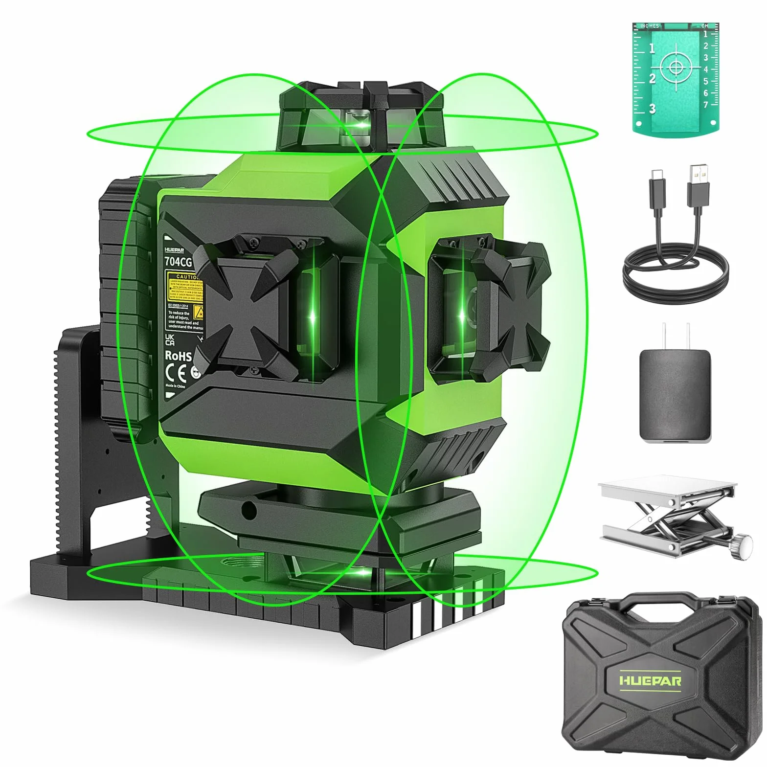 Huepar 4x360 Laser Cross Line 4D Automatyczne poziomowanie Zielone światło Linia krzyżowa 16 linii do płytek podłogowych Narzędzie laserowe-2x360 Pozioma/pionowa linia laserowa-Akumulator 704CG