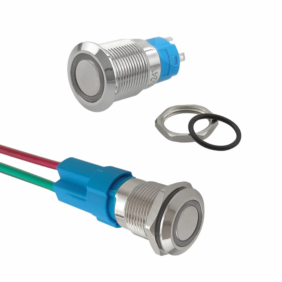 2 sztuki 12 mm przełącznik przyciskowy chwilowy, 12 V / 24 V 3A wodoodporny przełącznik przyciskowy ze stali nierdzewnej IP66, z wtyczką przewodową (żółta dioda LED)
