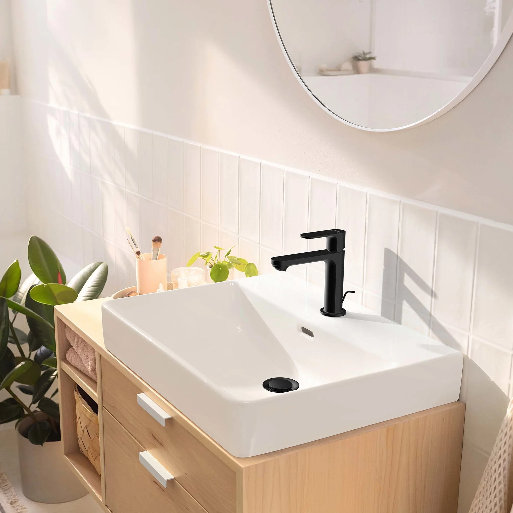 hansgrohe Rebris S - jednouchwytowa bateria umywalkowa bez zestawu odpływowego, kran łazienkowy z wylewką 109 mm, oszczędność wody (EcoSmart) i energii (CoolStart), czarny matowy, 72520670