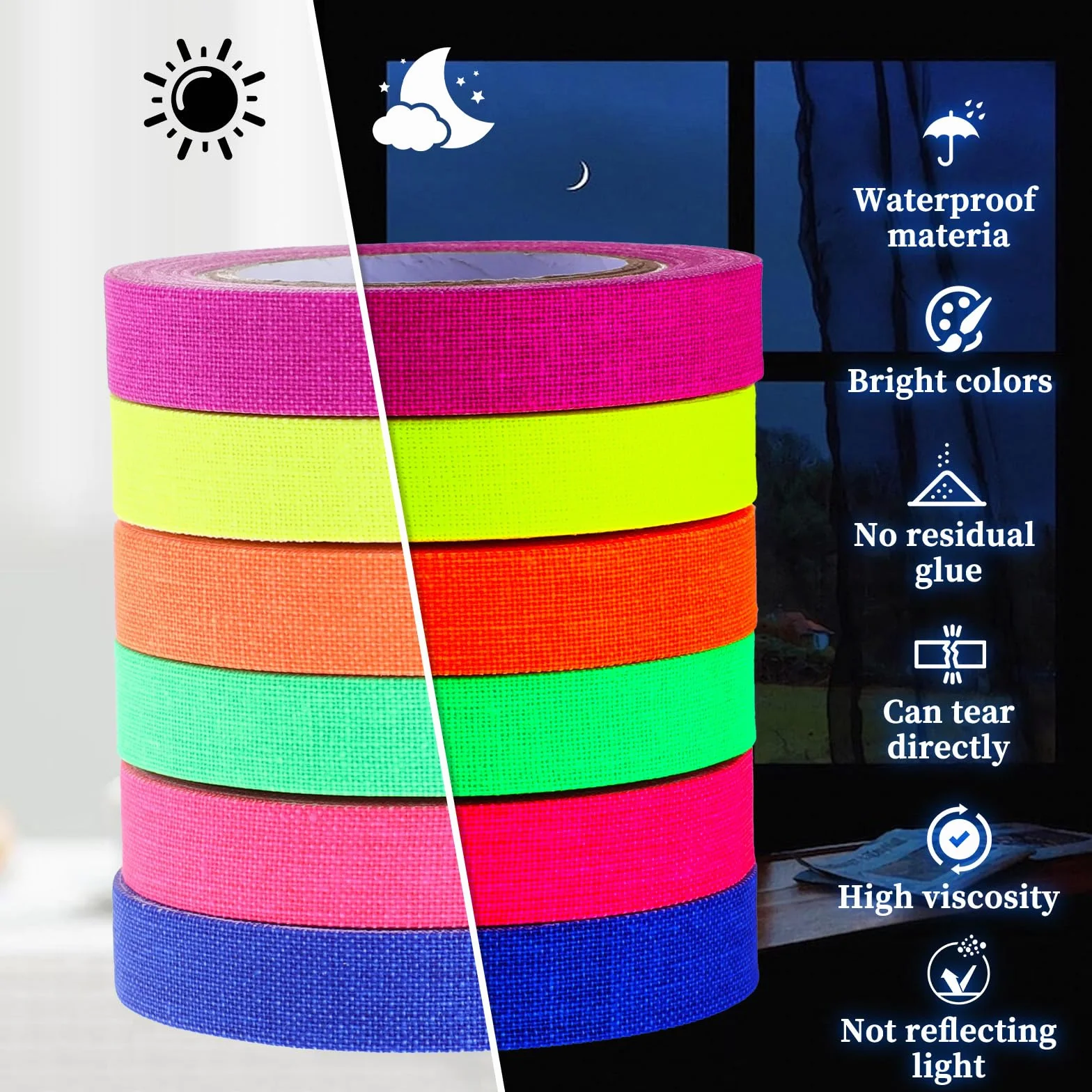 Giantree 6 rolek neonowej taśmy klejącej, 5 m x 10 mm, fluorescencyjna taśma samoprzylepna, odporna na promieniowanie UV, czarne światło, taśma ostrzegawcza na schody, ściany, akcesoria sceniczne (10