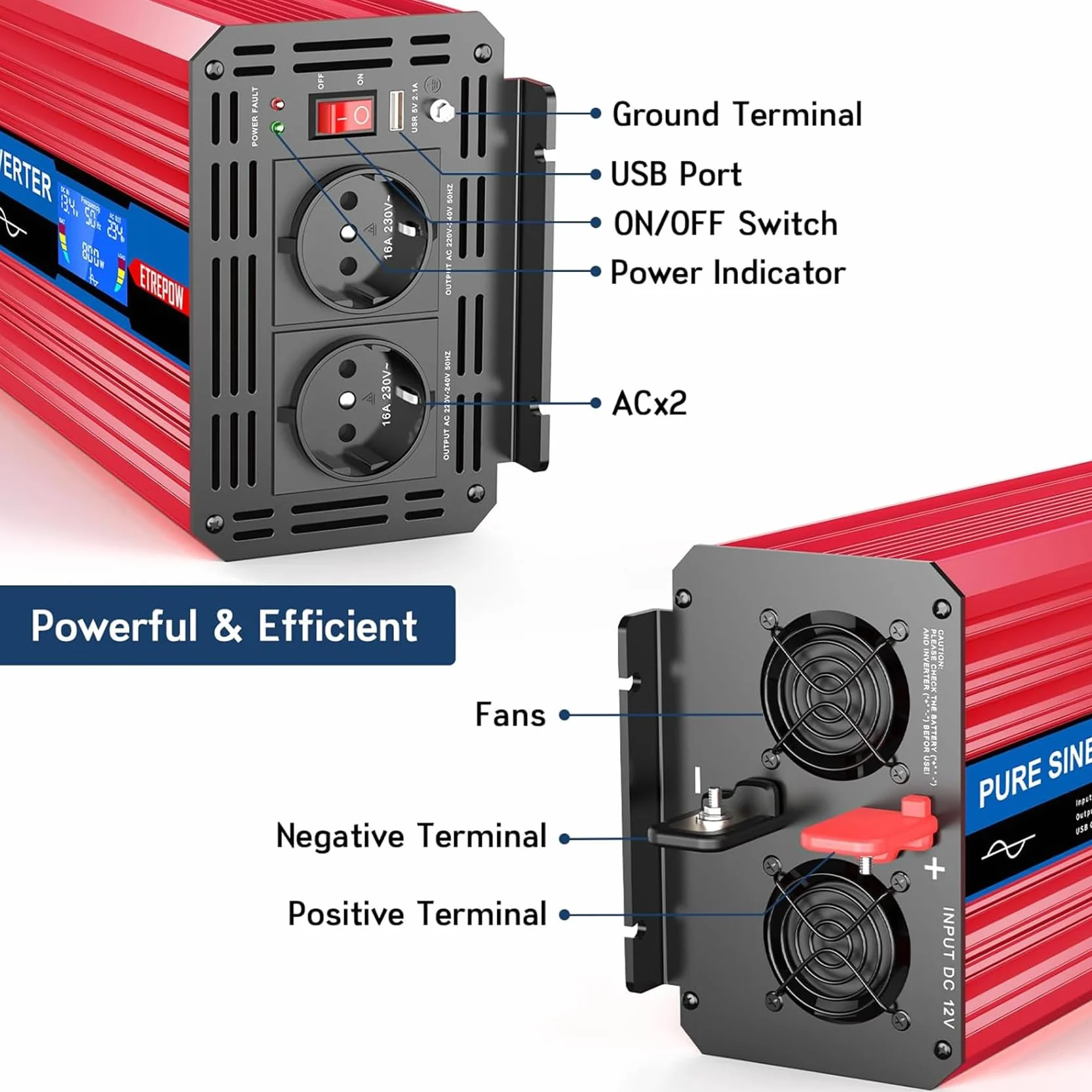 1500W Przetwornica 12v 230v Czysty Sinus z 2 gniazdami EU i bezprzewodowym pilotem, ekranem LCD, Falownikiem Nadaje się do użytku na zewnątrz, w domu, na kempingu, w kamperze