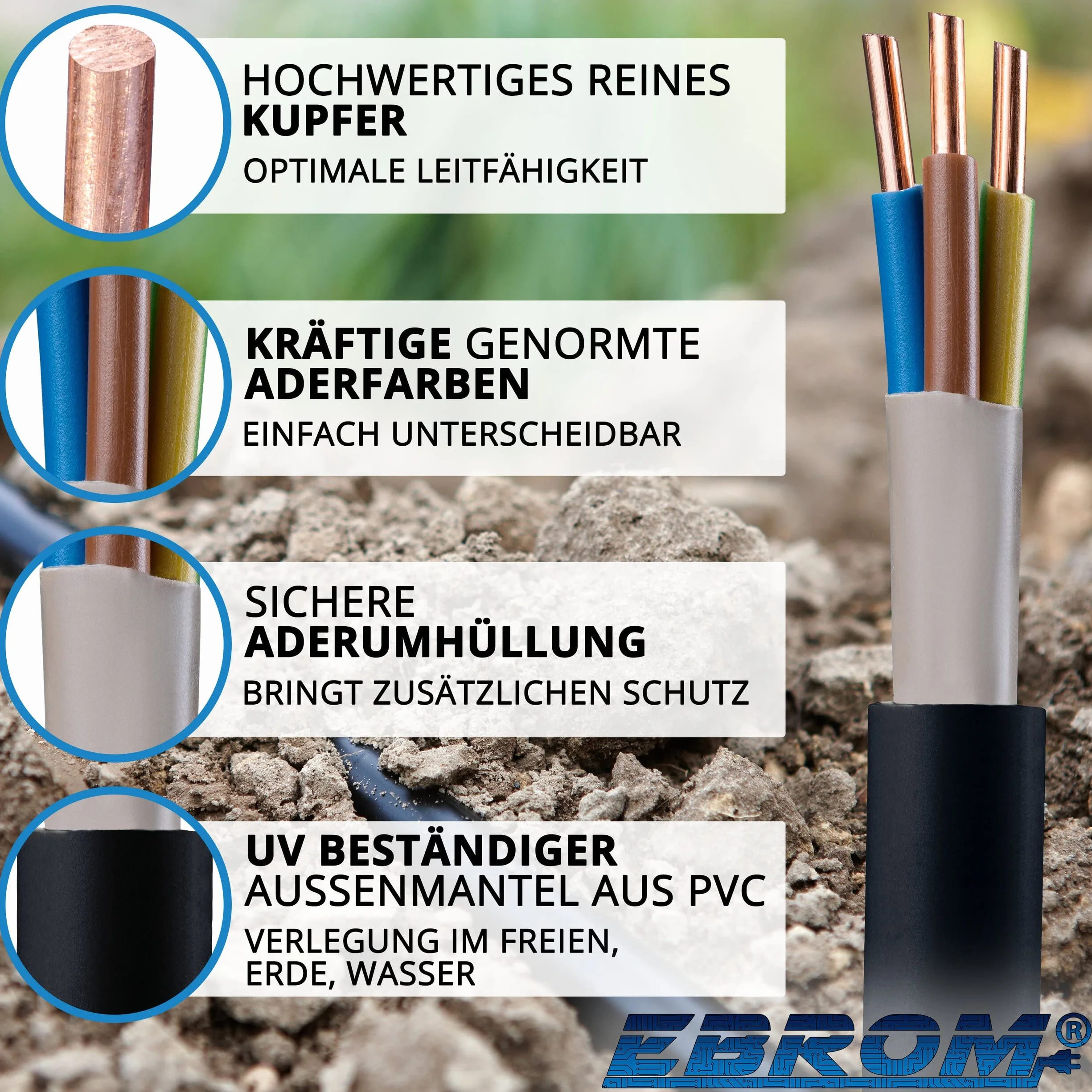 EBROM Kabel zasilający NYY-J 3 x 4 mm² – kabel ziemny – NYY-J 3 x 4 mm² – czarny – towar sprzedawany na metry z dokładnością do metra: wybór w odstępach 5 m, od 5 metrów – 3 x 4 mm² – długość: 30