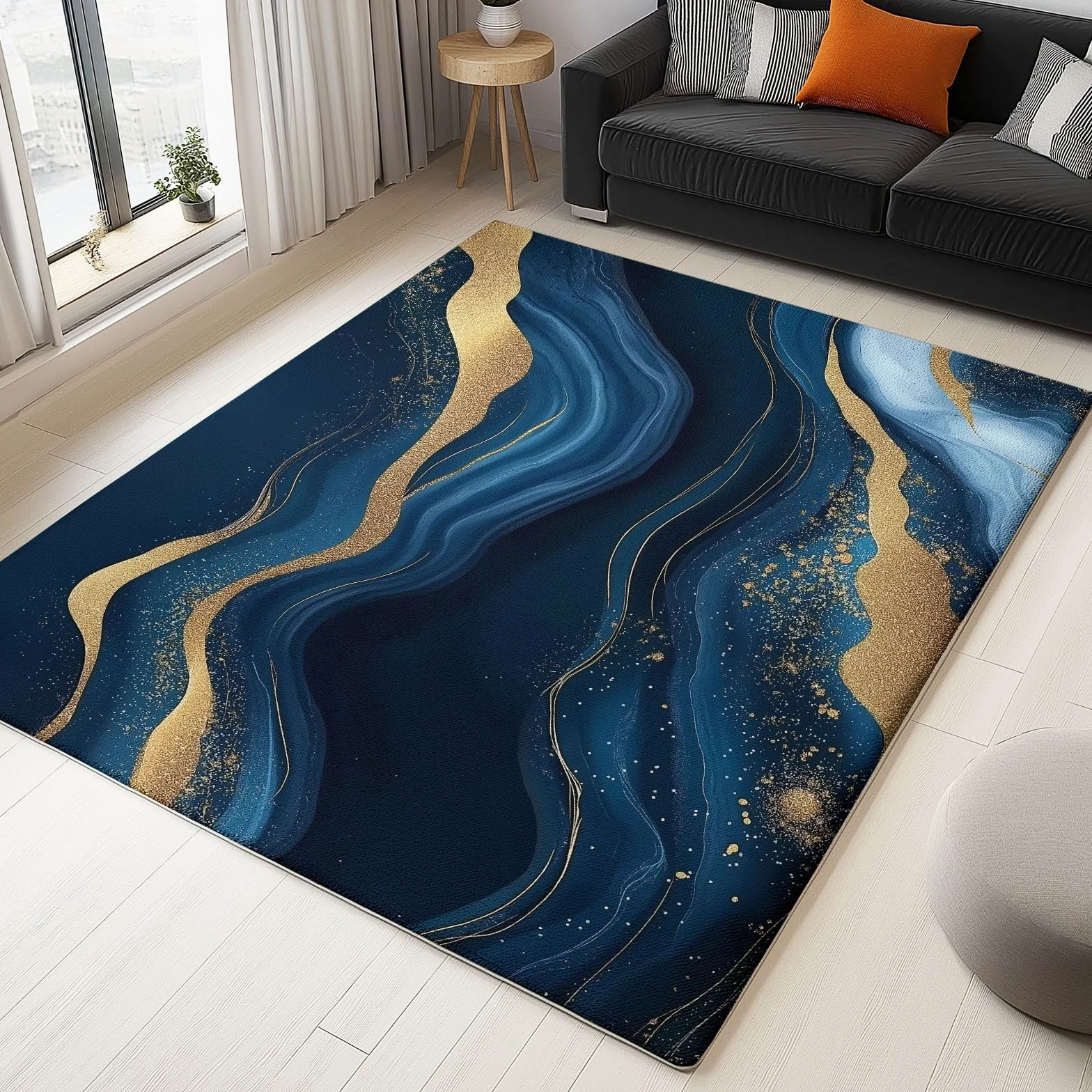 Nowoczesny niebieski dywan 140 x 200 cm stylowy marmurowy wzór falowany antypoślizgowy i można prać w pralce dywan z krótkim włosiem do salonu, sypialni i jadalni
