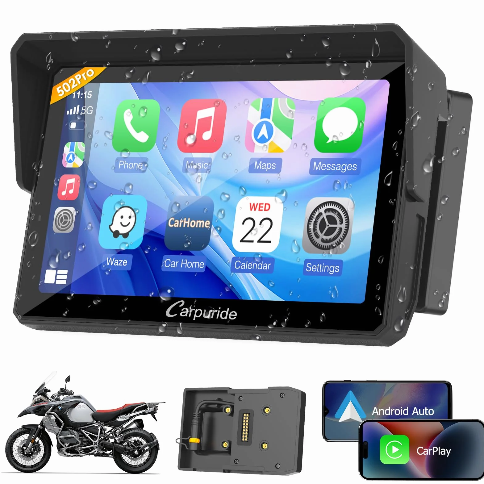 Carpuride W502PRO B do motocykli B.-M-.W CarPlay i Android Auto i podwójny Bluetooth, nawigacja étanche 5 pouces pour Moto, część muzyczna, interkom, korektor, uchwyt światła, kurtyna, barometr