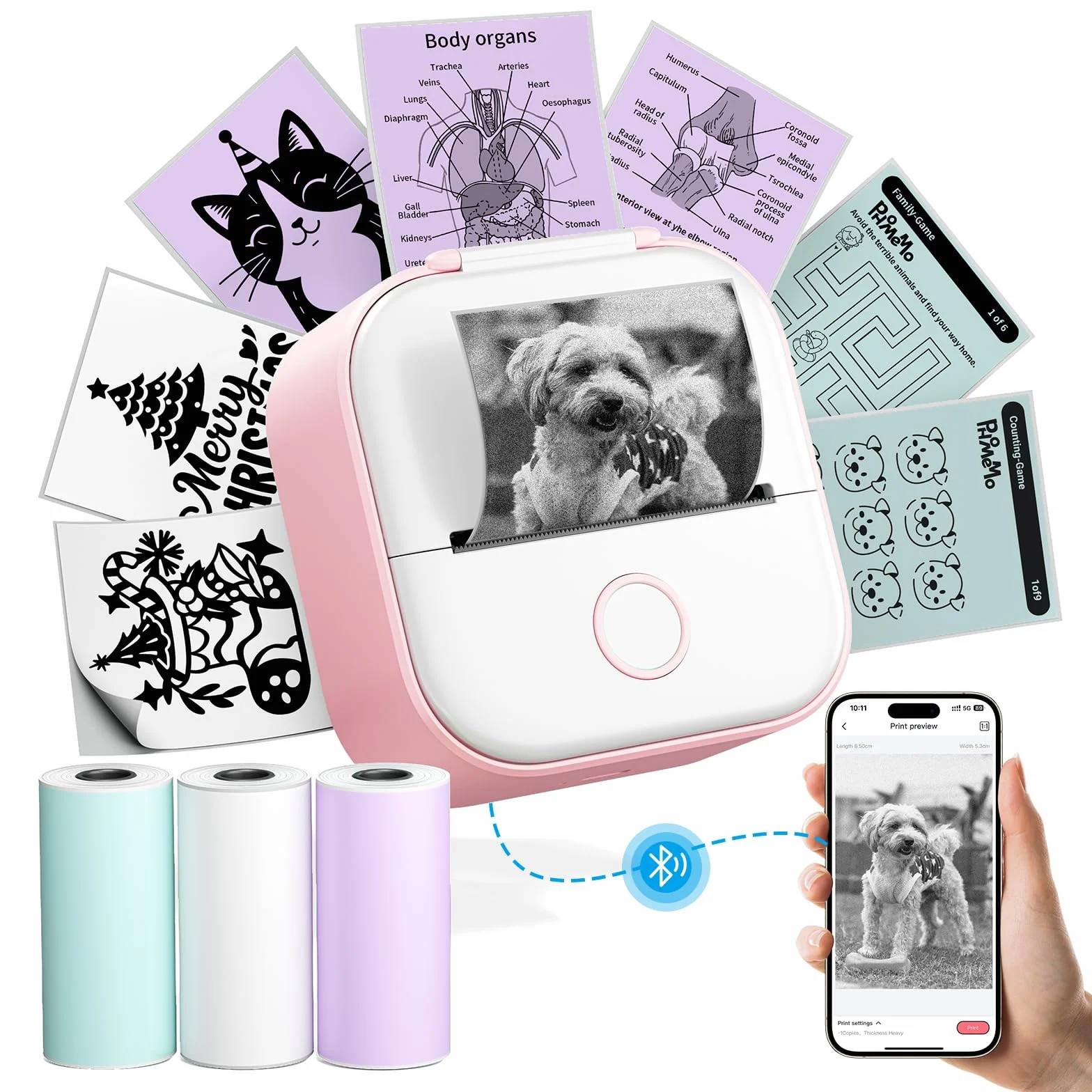 Phomemo T02 Mini drukarka etykiet Bluetooth 203DPI z 3 rolkami papieru termicznego