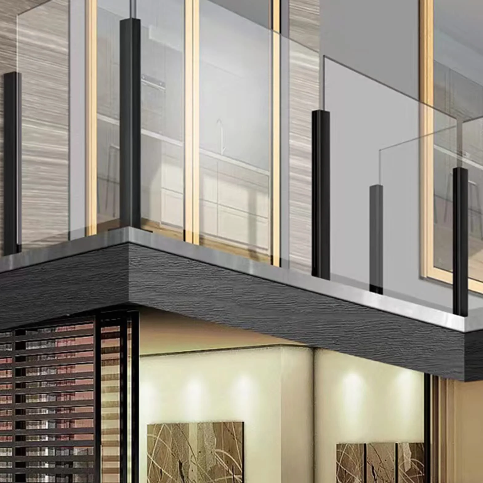 Czarny szklany słupek balustradowy na balkon – szklane panele do montażu na podłodze, kolumna wsporcza do tarasu hotelowego, zestawy balustrad schodowych, stylowe i designerskie