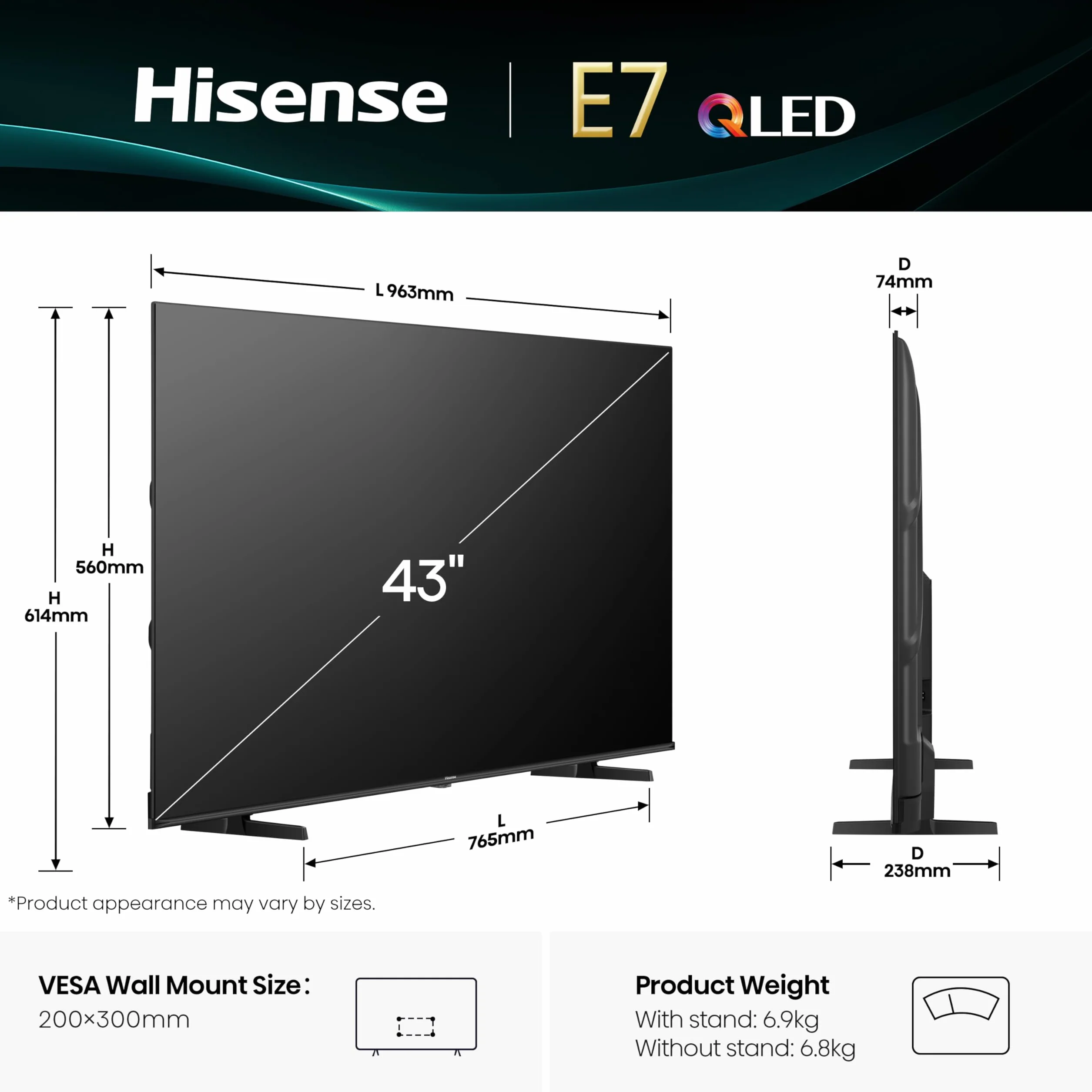 Hisense QLED 43 43E7Q 4K Ultra HD Smart TV VIDAA WiFi Dolby Vision HDMI 2.1
