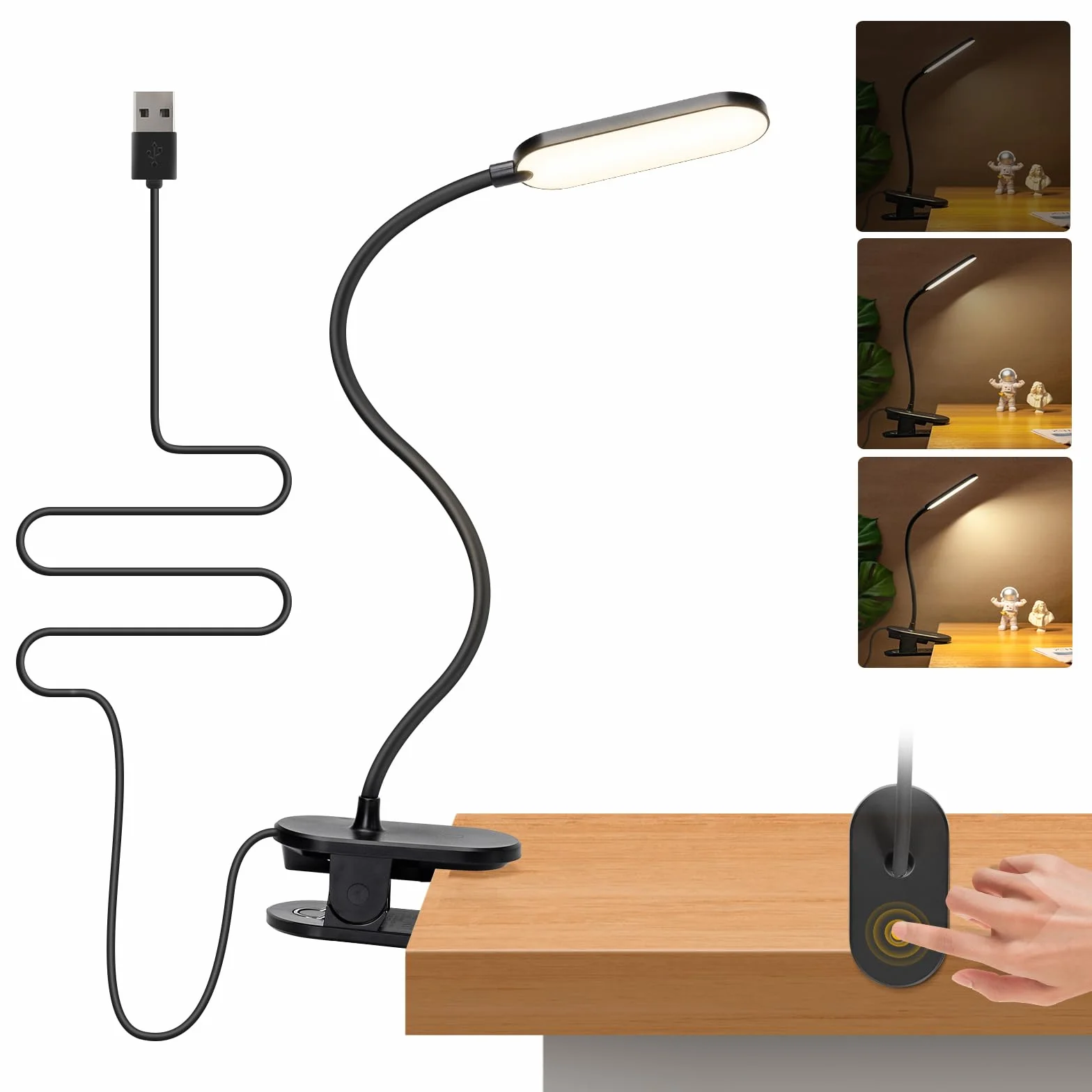 Aigostar Lampa do Czytania z Klipsem - Lampka Nocna LED Zasilana USB (Bez Baterii), 3 Poziomy Jasności, Elastyczne Ramię 360°, Ochrona Oczu 4000K, Idealna do Łóżka i Biurka, Czarna
