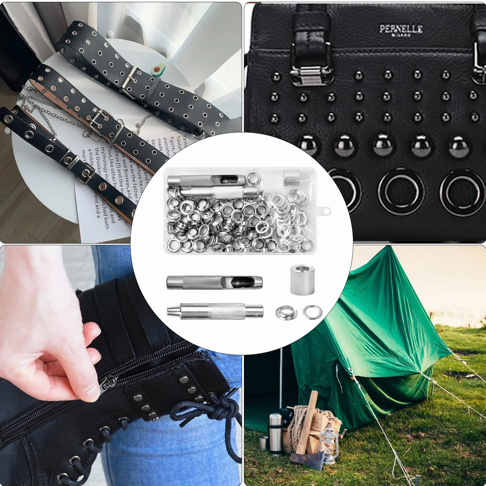 Dokeno Zestaw narzędzi do oczek, 100 sztuk oczek do plandek, zestaw metalowych oczek 12 mm z pudełkiem do przechowywania, zestaw narzędzi oczkowych do odzieży, toreb, płótna, zasłony, buty