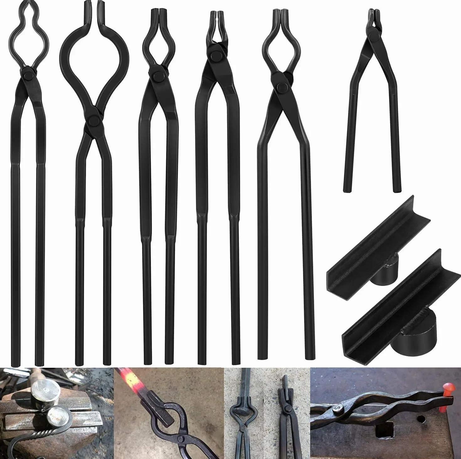 Zestaw 8-częściowy profesjonalny zestaw szczypiec do kucia ze stali CrV | do kolców kolejowych, płaskich / okrągłych materiałów (5-16 mm) zawiera szczypce, szczypce płaskie, szczypce do bolca