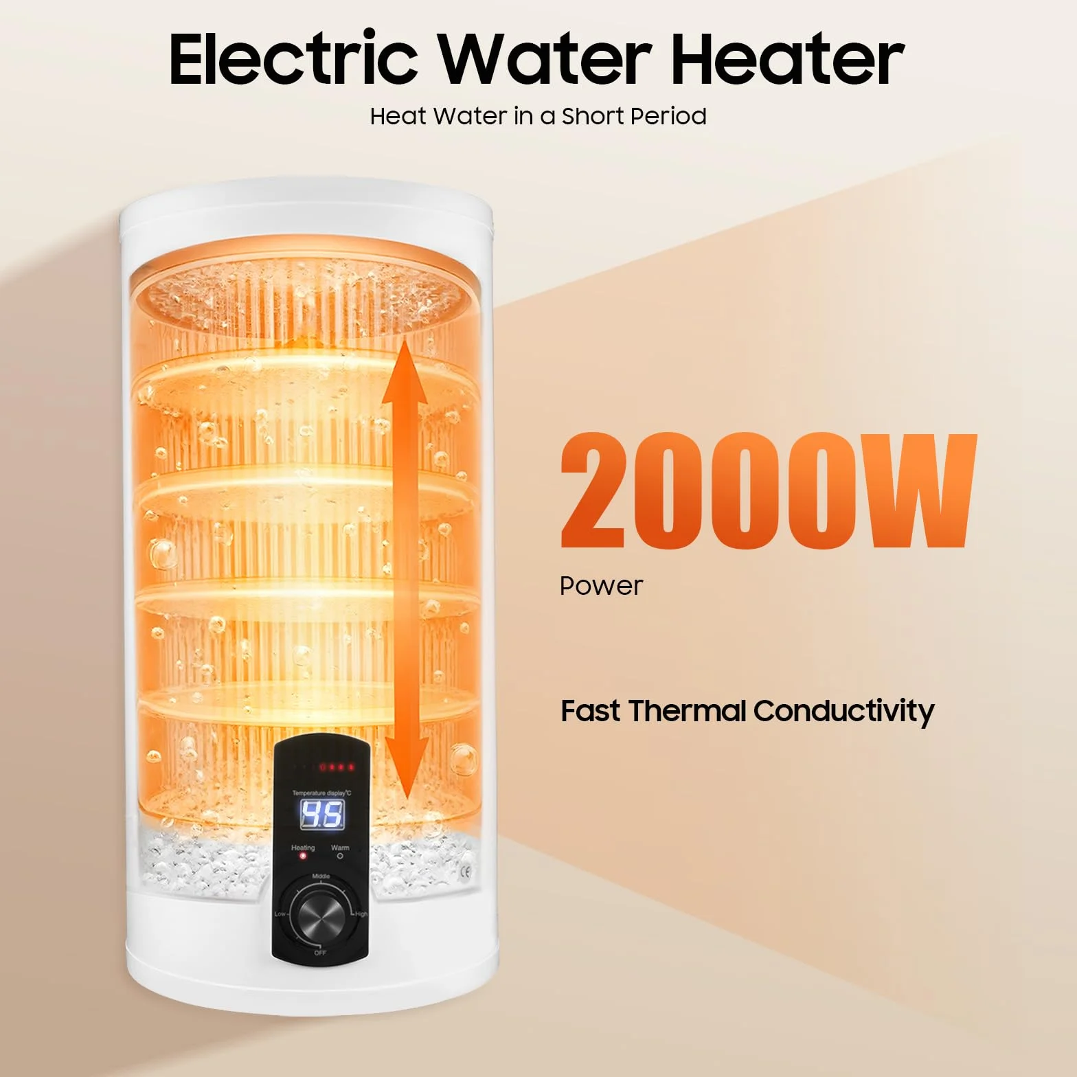 Elektryczny zbiornik ciepłej wody 50 litrów, bojler ciepłej wody 2000 W, pionowy montaż na ścianie, wyświetlacz, temperatura 25-75°C, z armaturą i słuchawką prysznicową, do łazienki i kuchni w małych