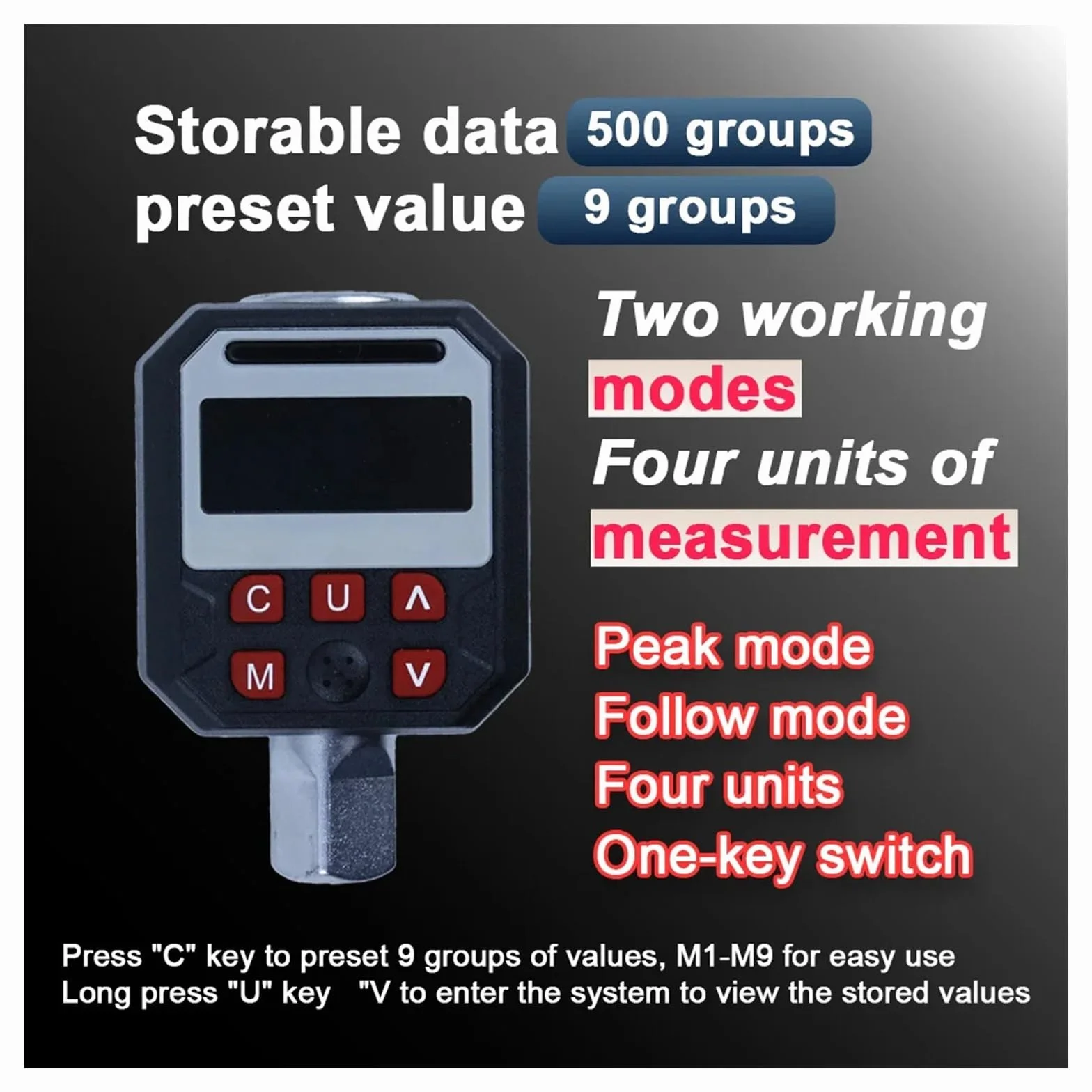 Cyfrowy klucz dynamometryczny 1/2 cala, tester momentu obrotowego 17-340 Nm z wyświetlaczem LCD, Nm/kgf.cm ze złączem 3/8, 1/4 do ciasnych przestrzeni Przełączanie wielu jednostek