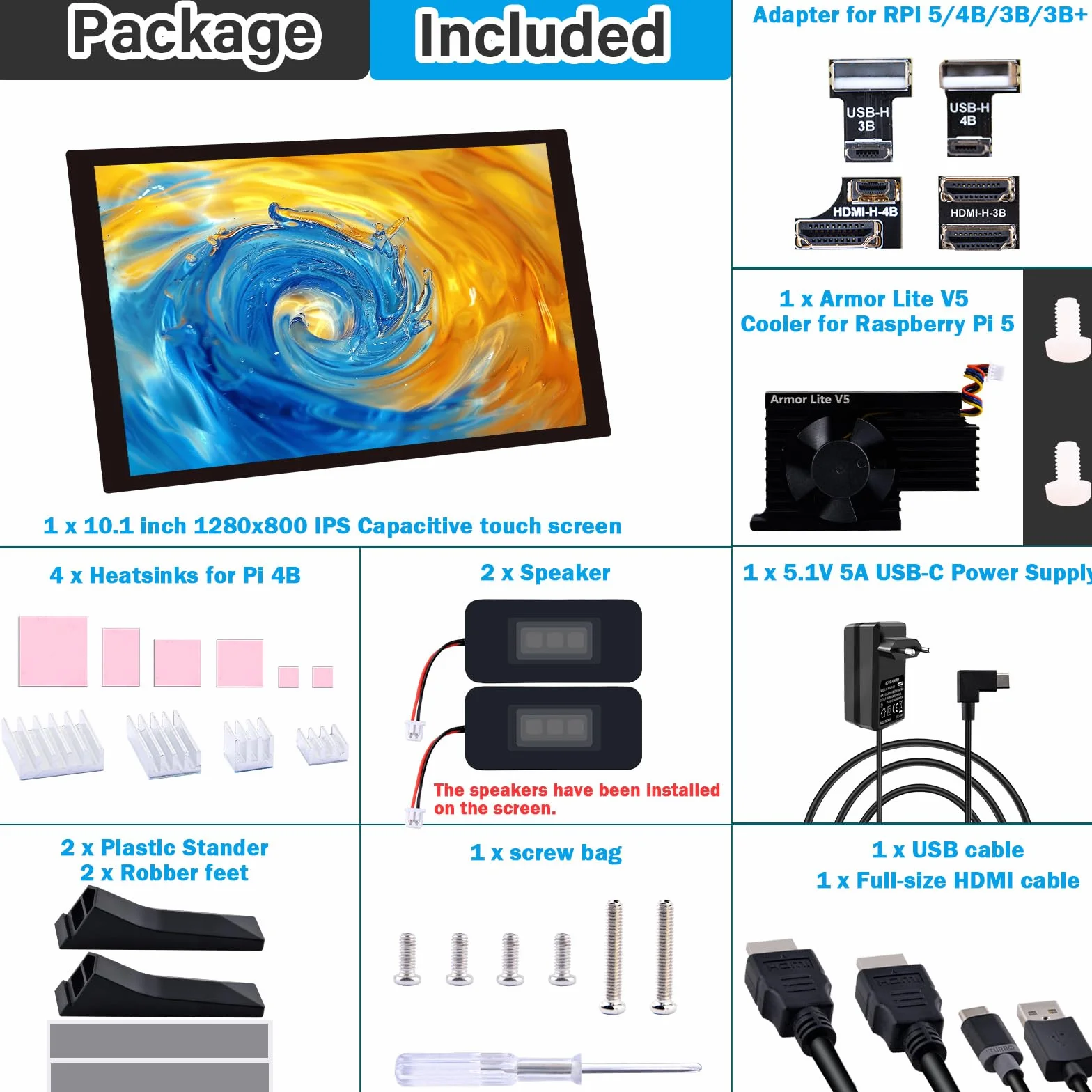 GeeekPi 10,1-calowy pojemnościowy ekran dotykowy do Raspberry Pi 5, monitor HDMI IPS 1280X800 z podwójnym głośnikiem do Raspberry Pi 4B/3B+/3B, z montażem do instalacji płytki Pi