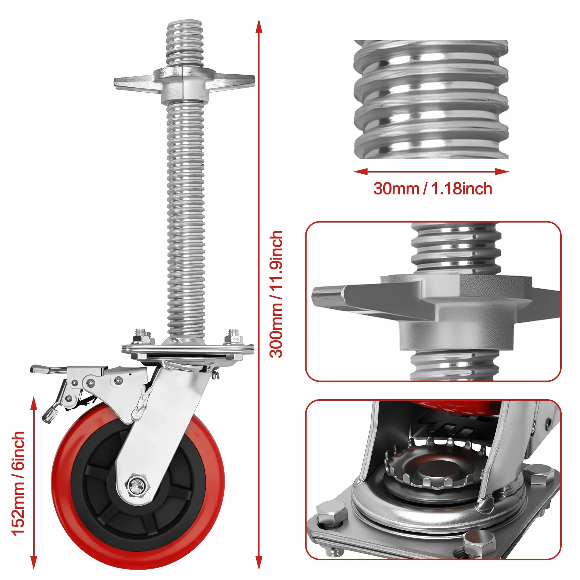 Zestaw kółek do rusztowania (4 sztuki) ze stalowym wrzecionem, koła rusztowania 150 mm, wrzeciono rusztowania Ø 30 mm, kółko obrotowe 500 kg do rusztowania